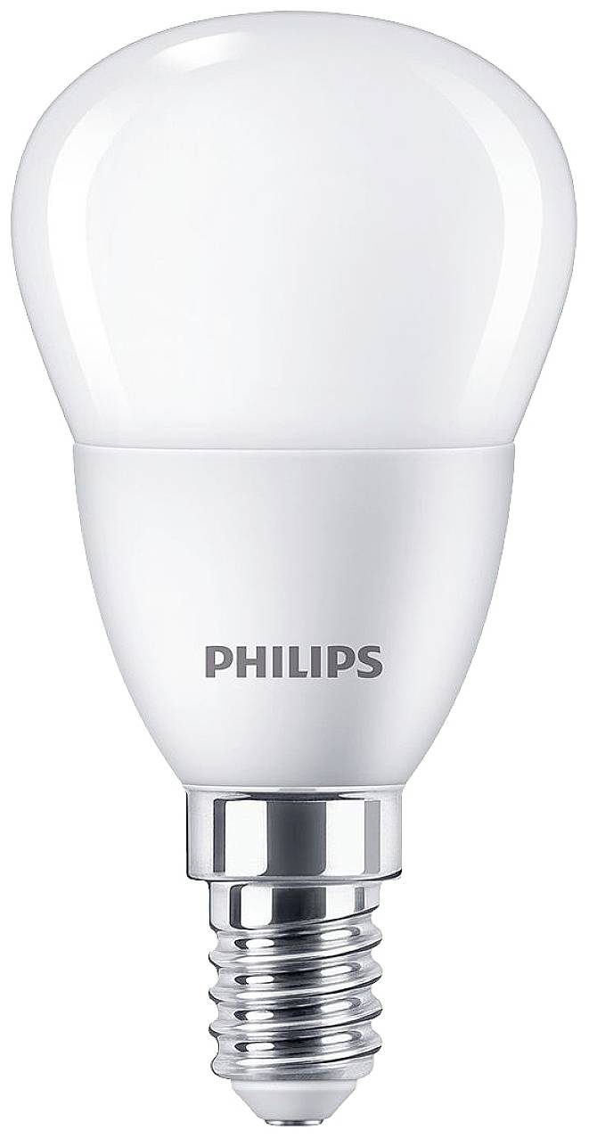Eine weiße LED-Glühbirne mit E14-Sockel, Marke Philips.