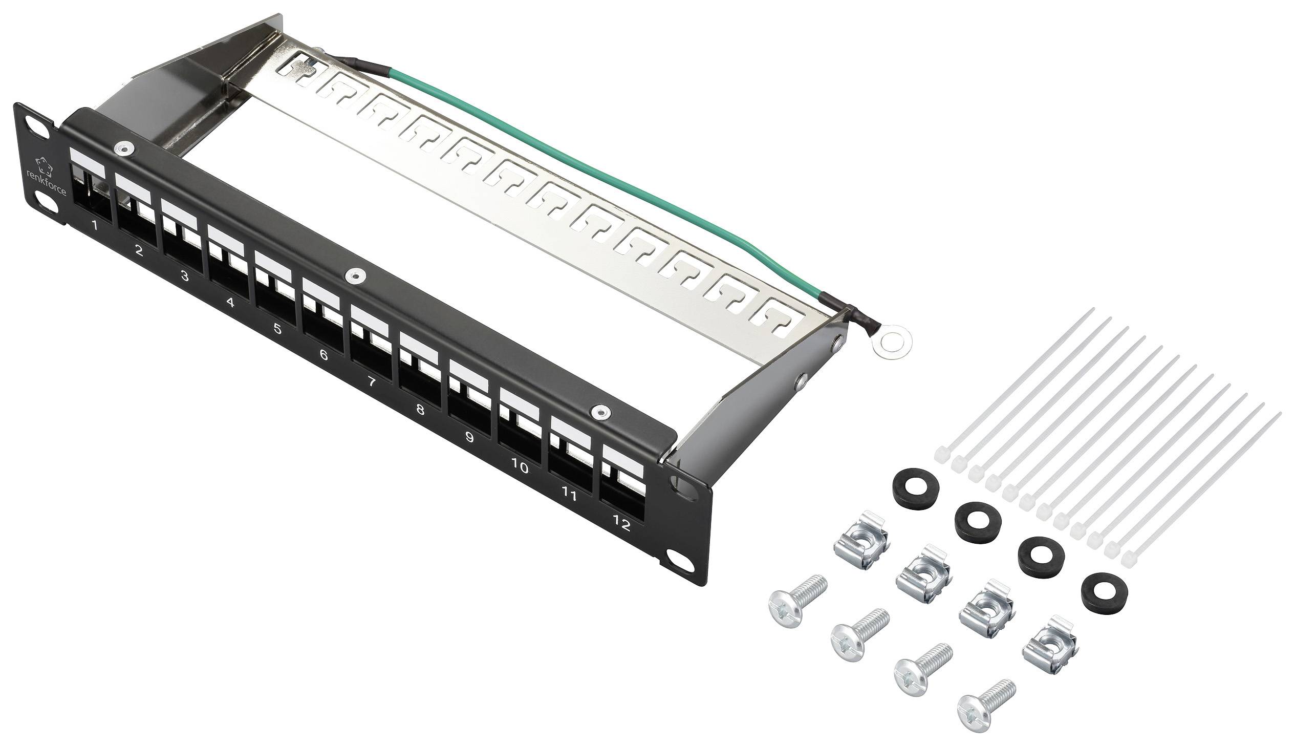 Patchpanel mit 12 Ports, Kabelbinder, Schrauben und Unterlegscheiben zur Montage in einem Server-Rack.