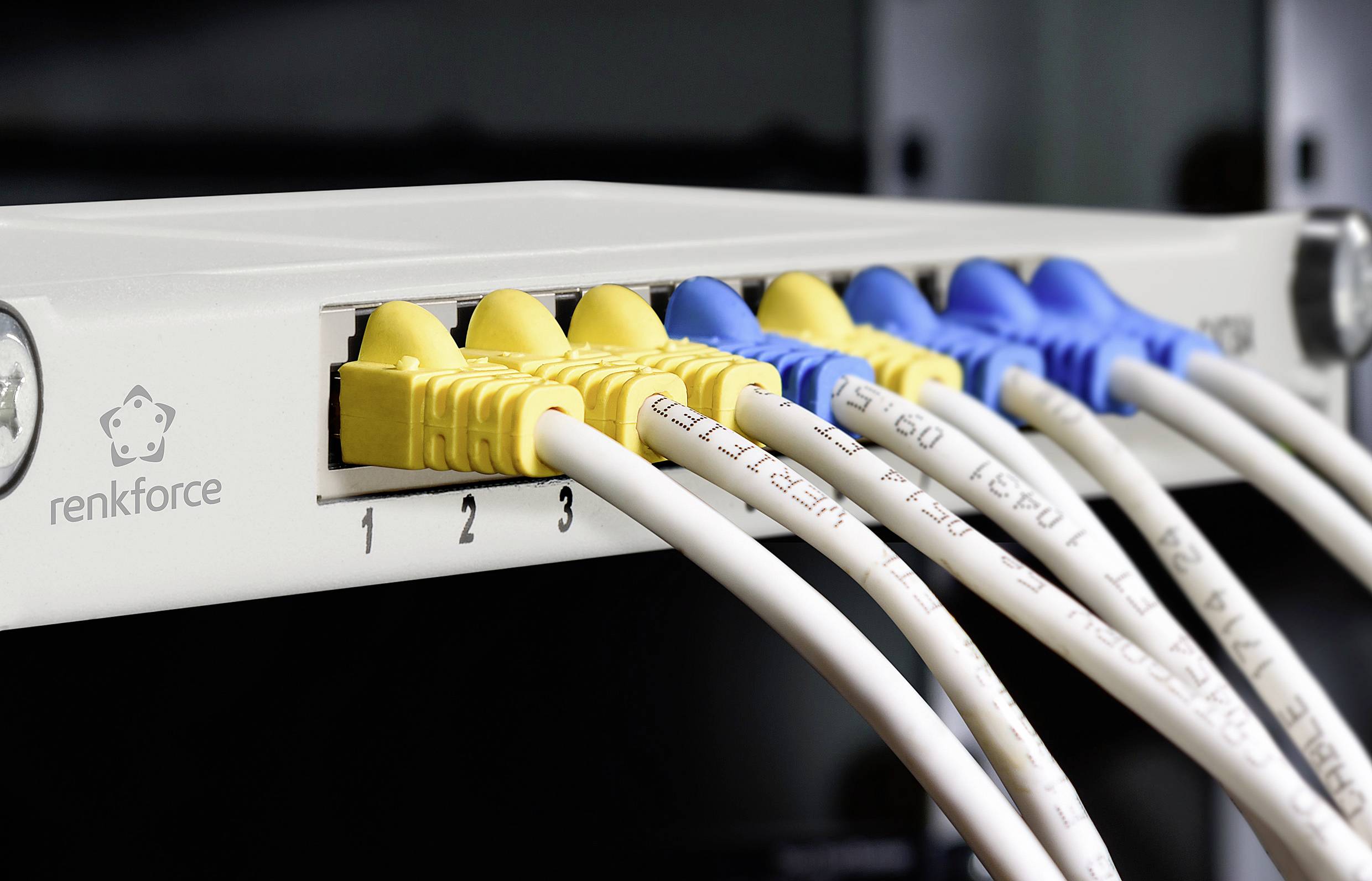 Ein Netzwerk-Switch mit mehreren eingesteckten Ethernet-Kabeln, gelb und blau, zeigt die aktive Verbindung mehrerer Geräte an.