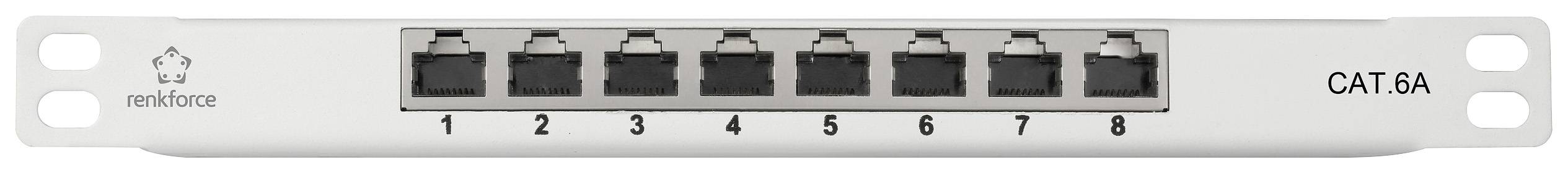 Netzwerk-Patchpanel mit 8 Ethernet-Ports, nummeriert von 1 bis 8, geeignet für CAT 8A Verkabelung; verwendet zur Organisation von Netzwerkkabeln.