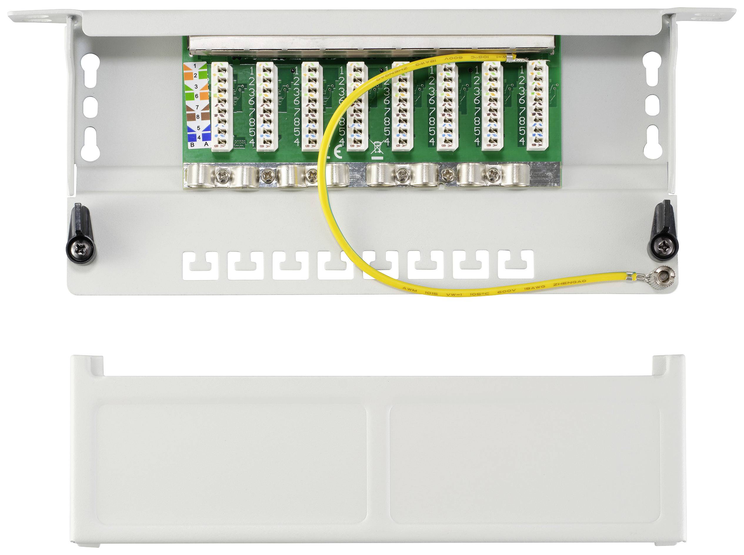 Metallplatte mit 10 Kabelanschlüssen und gelbem Erdungskabel. Hauptsächlich für die Verteilung von Telefon- oder Netzwerkleitungen genutzt.