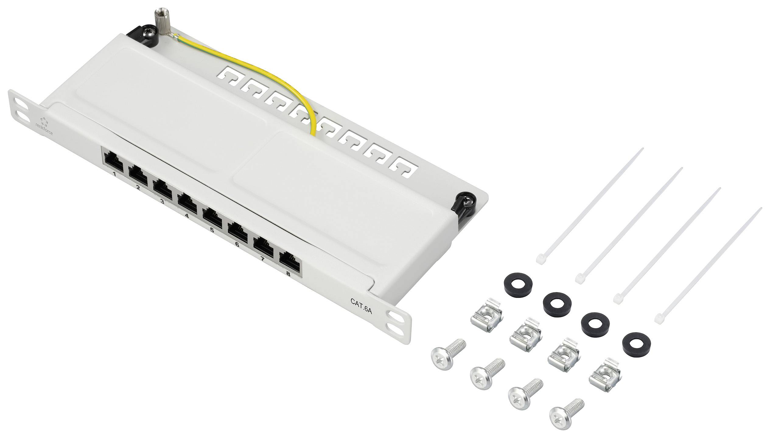 Patchpanel mit acht Ethernet-Ports, Erdungskabel und Montageset mit Schrauben, Unterlegscheiben, Muttern und Kabelbindern.