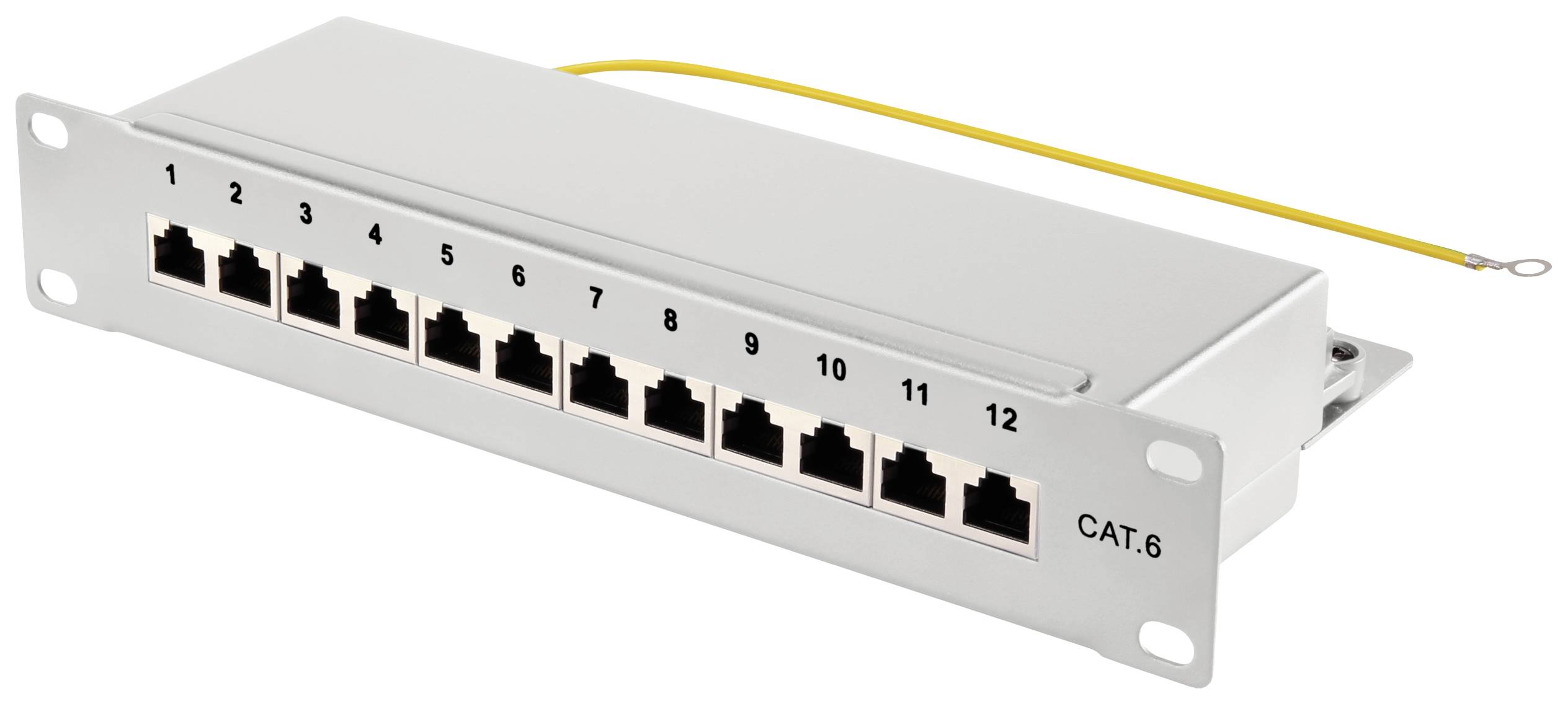 Patchpanel mit 12 RJ45-Netzwerkanschlüssen, nummeriert von 1 bis 12, mit gelbem Erdungskabel, geeignet für CAT.6-Verkabelung.