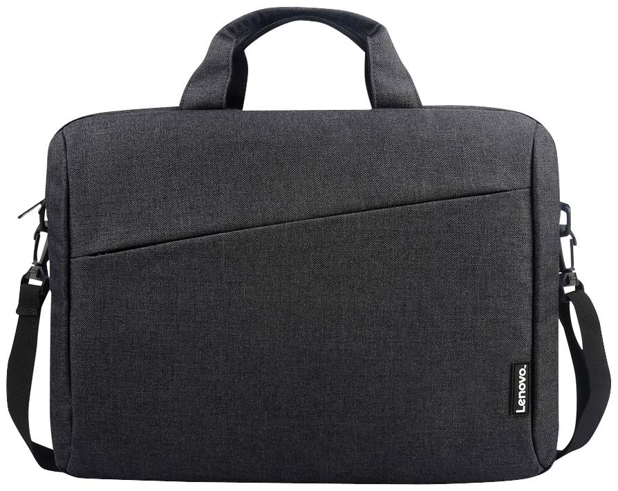 Schwarze Laptoptasche mit einem Schultergurt und einem Tragegriff. Sie hat ein schlichtes Design mit einem kleinen Logo in der Ecke.