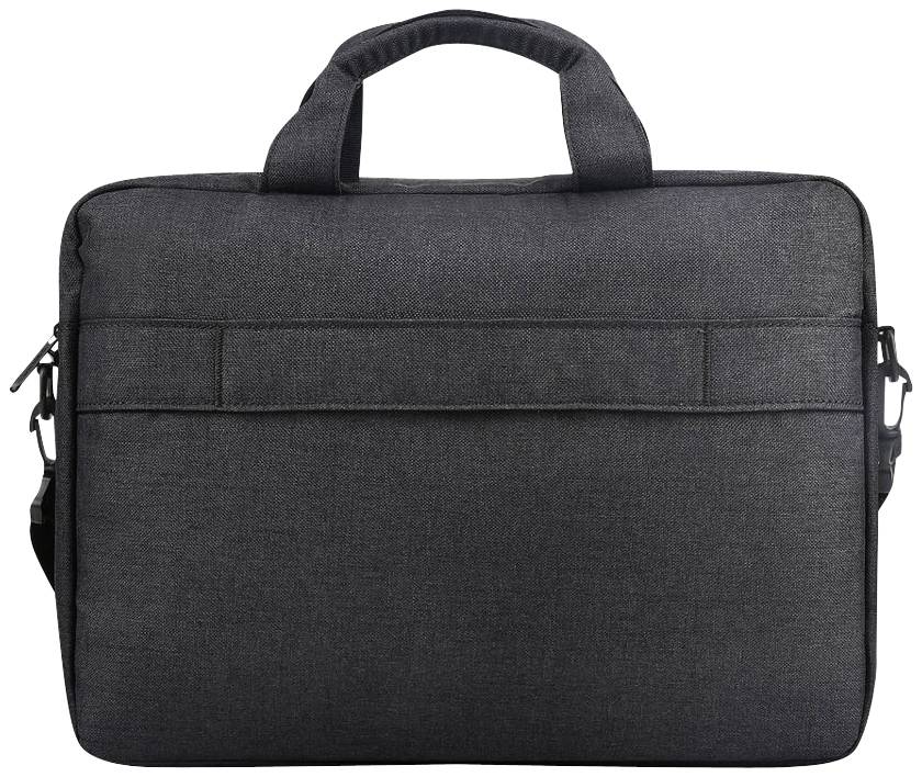 Eine schwarze Umhängetasche mit zwei Griffen oben und einem Schulterriemen, geeignet für den Transport eines Laptops oder Dokumente.