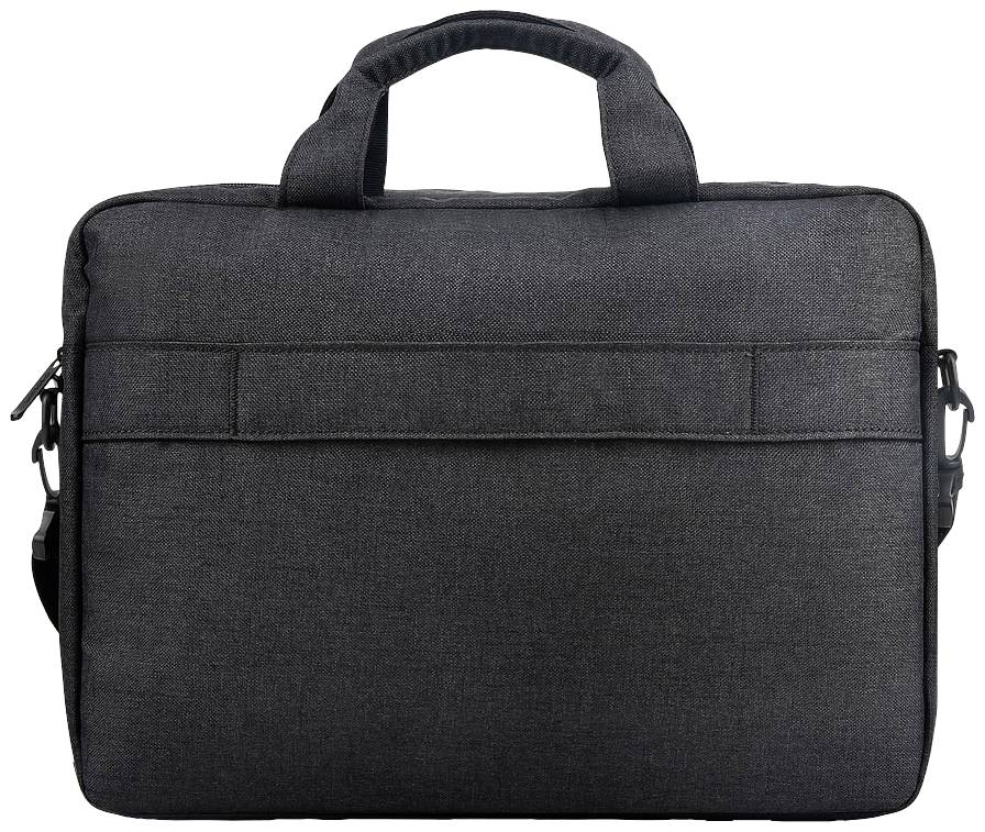 Eine schwarze Laptoptasche aus Stoff mit zwei Griffen und einem abnehmbaren Schultergurt. Sie hat ein schlankes, elegantes Design.