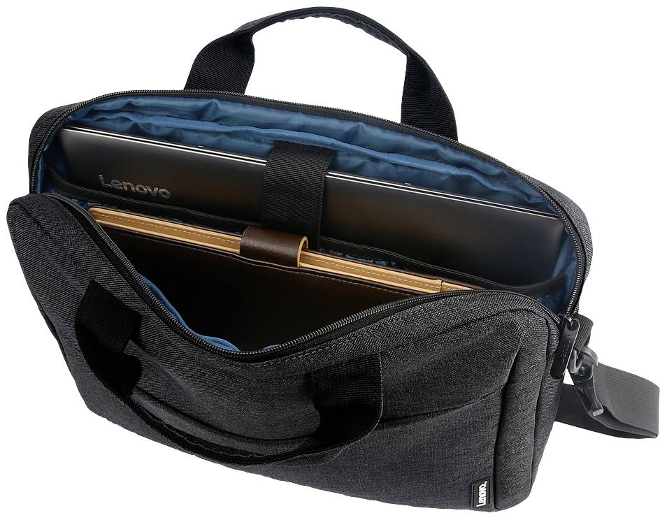 Schwarze Laptoptasche mit einem Laptop und einem Notizbuch innen, geöffneter Reißverschluss, Tragegriff oben, blauer Innenraum.