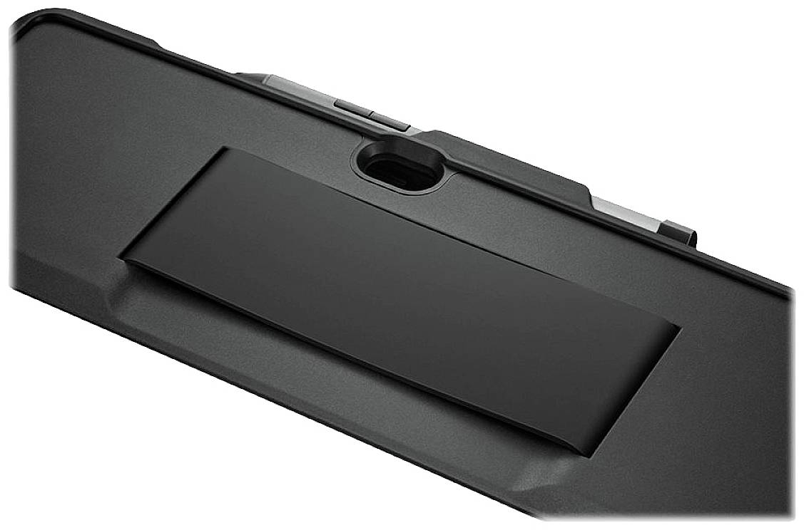 Eine schwarze Tablet-Hülle mit einem eingebauten Ständer, der das Gerät in einem aufrechten Winkel hält.