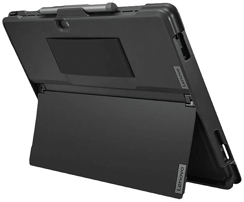 Ein schwarzes Lenovo-Tablet, das auf einem Tisch mit aufgeklapptem Ständer steht. Der Markenname 'Lenovo' ist auf der Rückseite zu sehen.