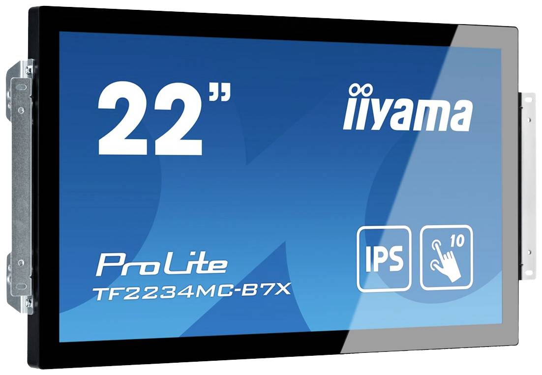 22-Zoll-Monitoranzeige mit 'iiyama'-Logo, Modell 'ProLite TF2234MC-B7X', zeigt Berührungs- und IPS-Technologie.