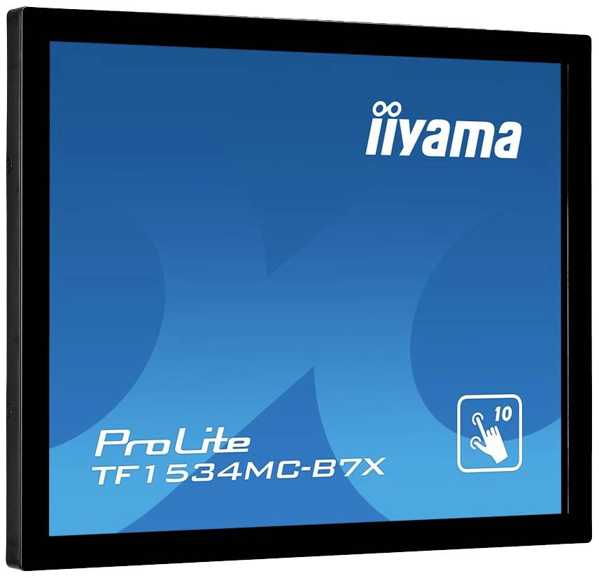 Ein blauer Monitor mit dem Logo 'iiyama' und der Aufschrift 'ProLite TF1534MC-B7X'. Ein Symbol zeigt 10-Punkt-Touchscreen-Funktion.