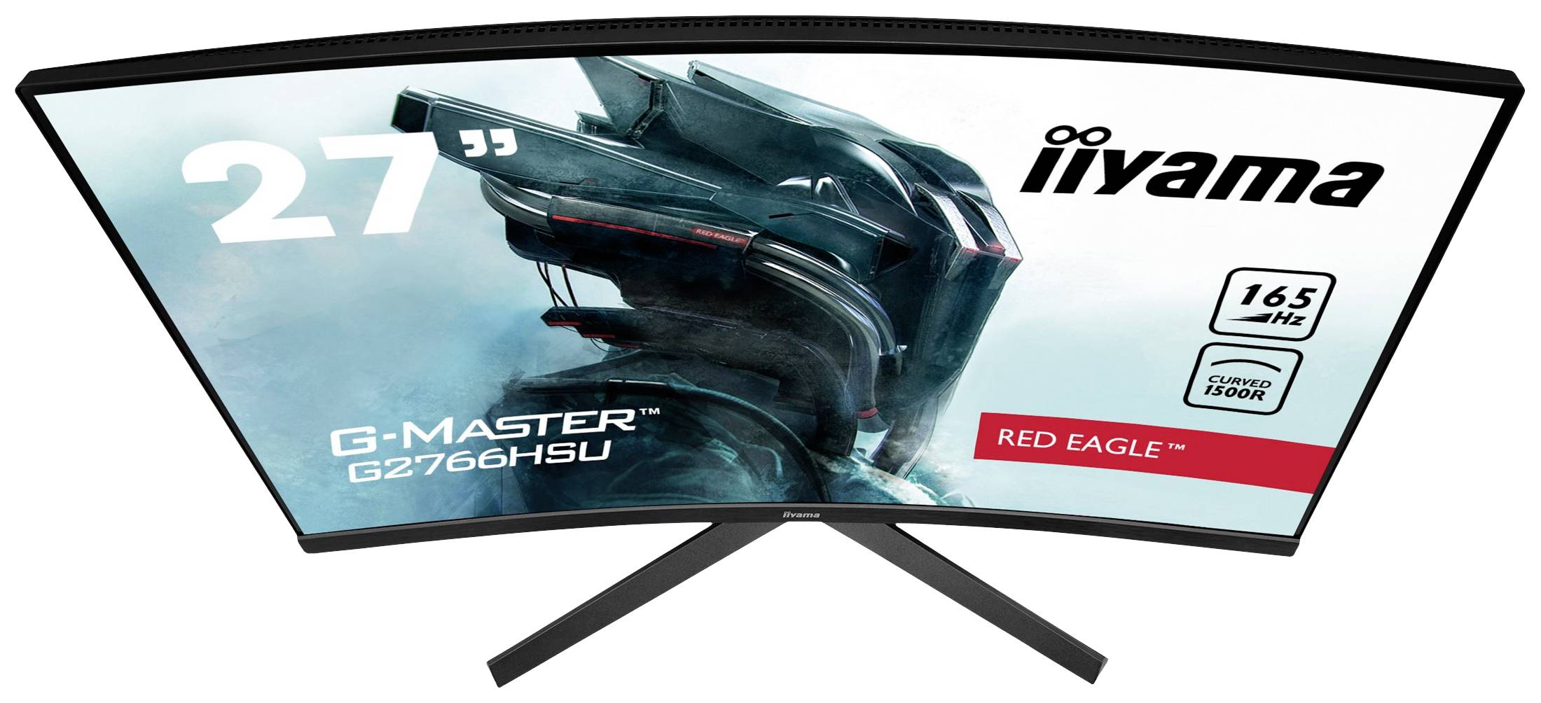 Ein gebogener Computerbildschirm von iiyama zeigt ein futuristisches Roboterbild. Modell: G-Master G2766HSU, 27 Zoll, 165 Hz.