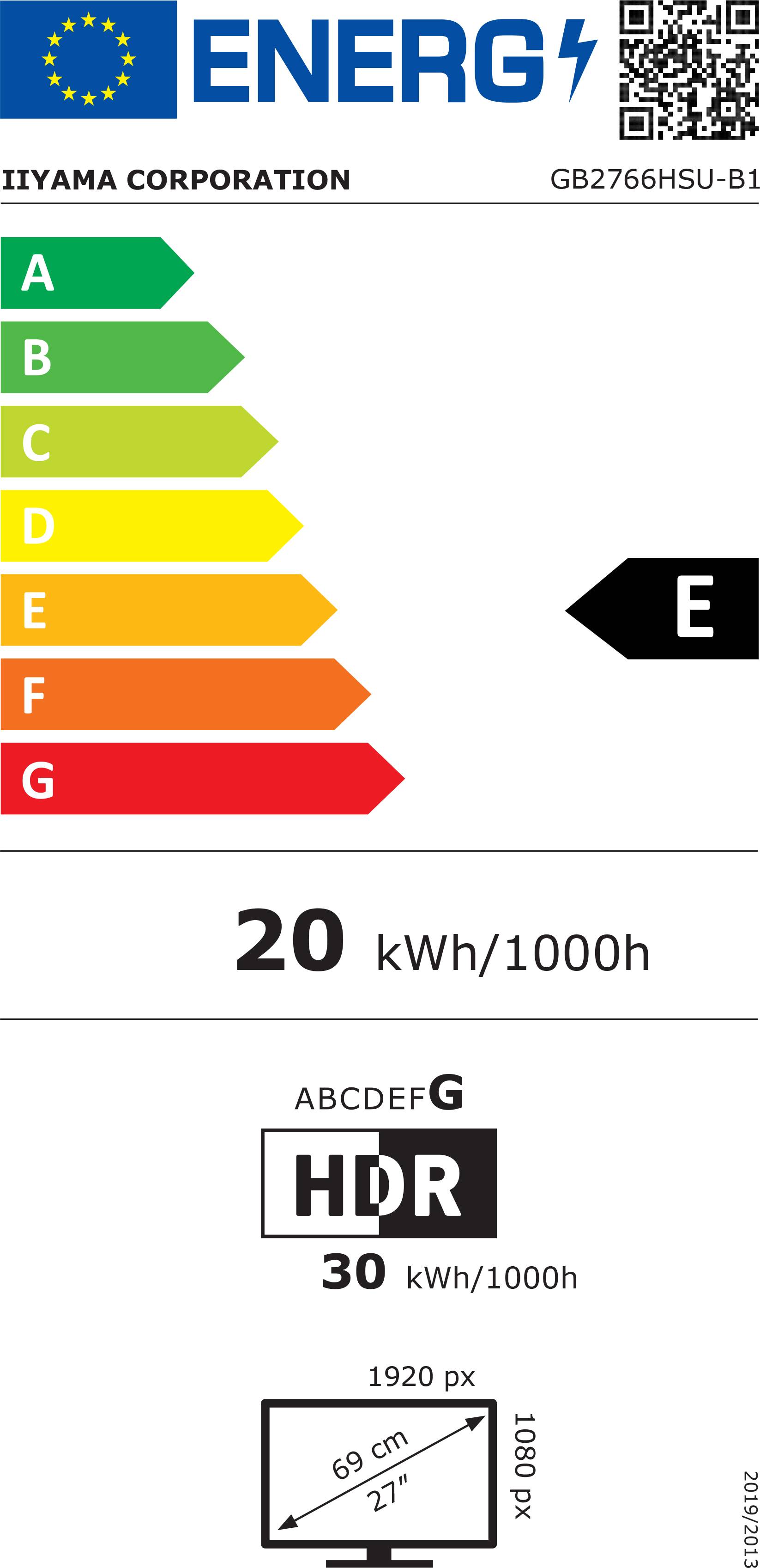 Energieeffizienzlabel für Monitor: Klasse E, 20 kWh/1000h. HDR Energieverbrauch: 30 kWh/1000h. Bildschirmgröße: 27 Zoll, 1920x1080 Pixel.