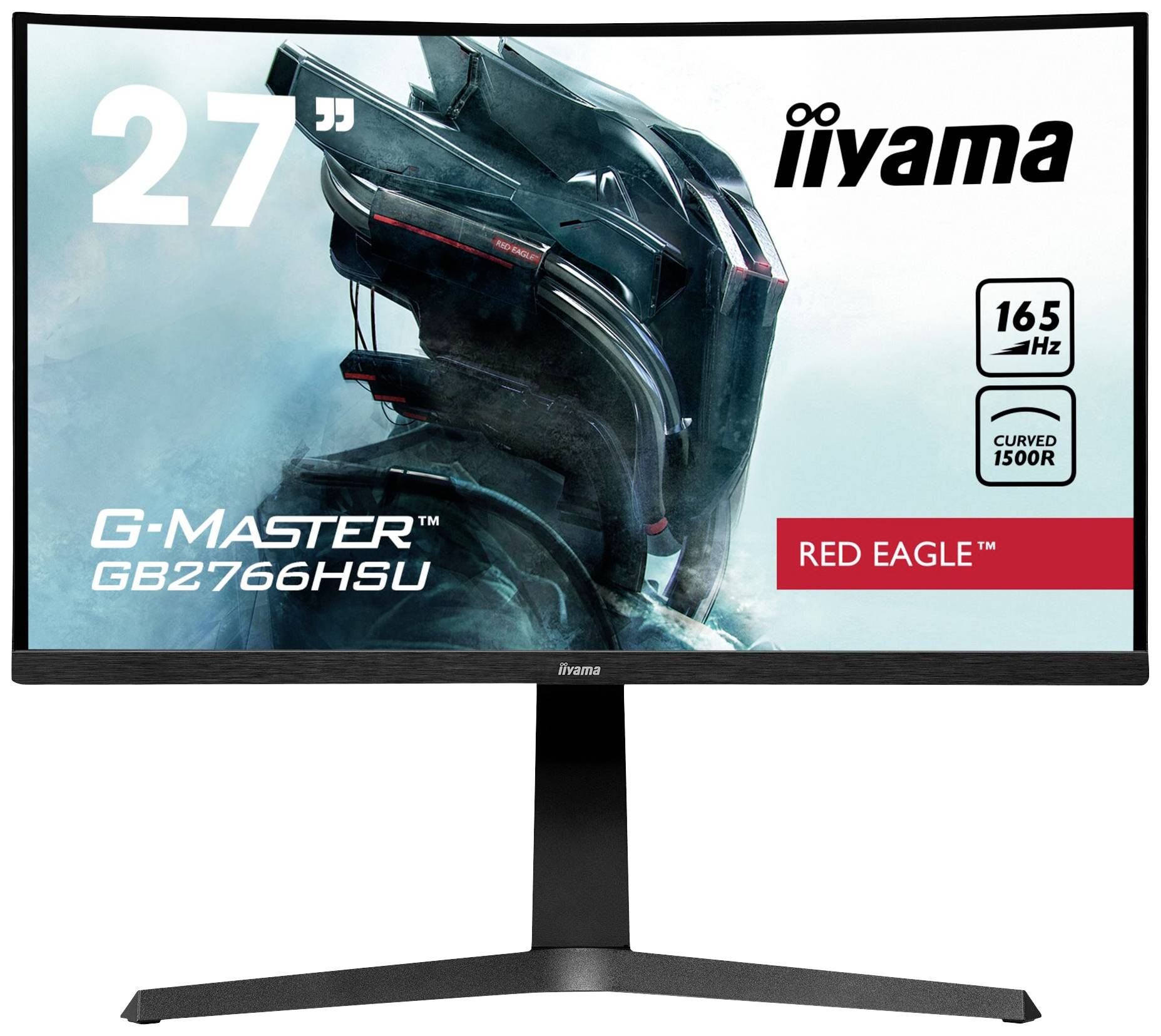 Ein Computerbildschirm mit iiyama-Logo zeigt einen Roboterhelm. Der Text enthält: '27'', 165 Hz, G-Master GB2766HSU, Curved 1500R, Red Eagle'.