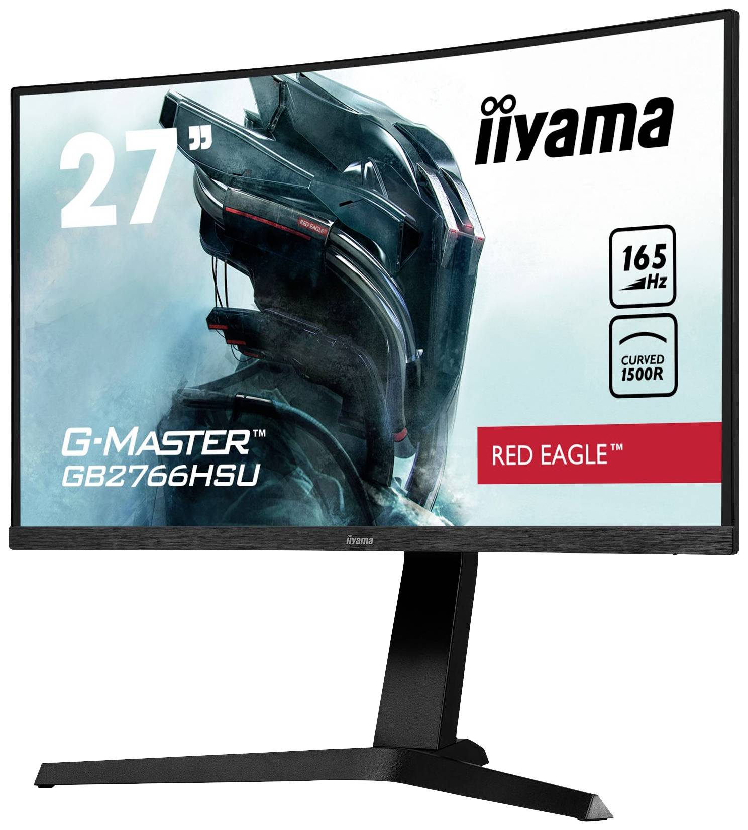 Ein gebogener Gaming-Monitor von iiyama, 27 Zoll, Modell G-Master GB2766HSU, Red Eagle, 165 Hz Anzeige, dargestellt aus einem Winkel.