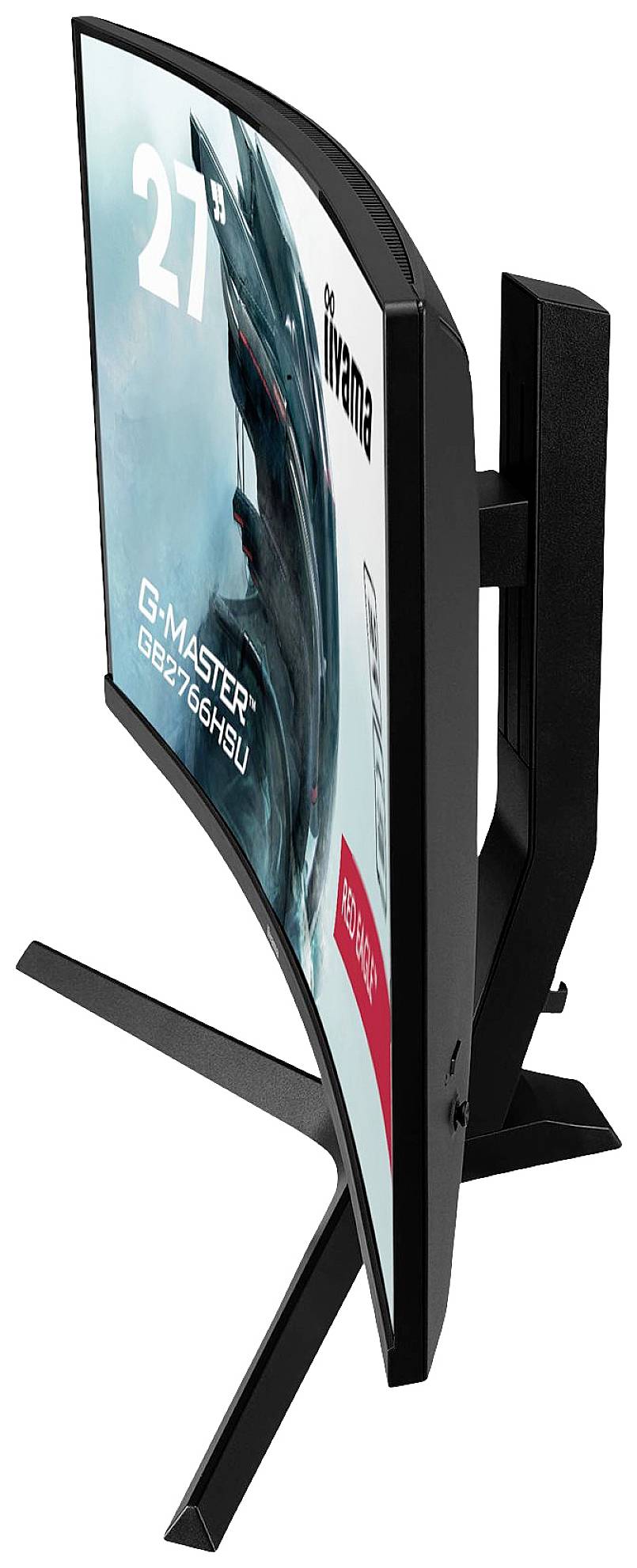 Gebogener 27-Zoll-Gaming-Monitor mit robustem Ständer, vorderes Display zeigt den Text 'G-MASTER' und ein stilisiertes Bild.