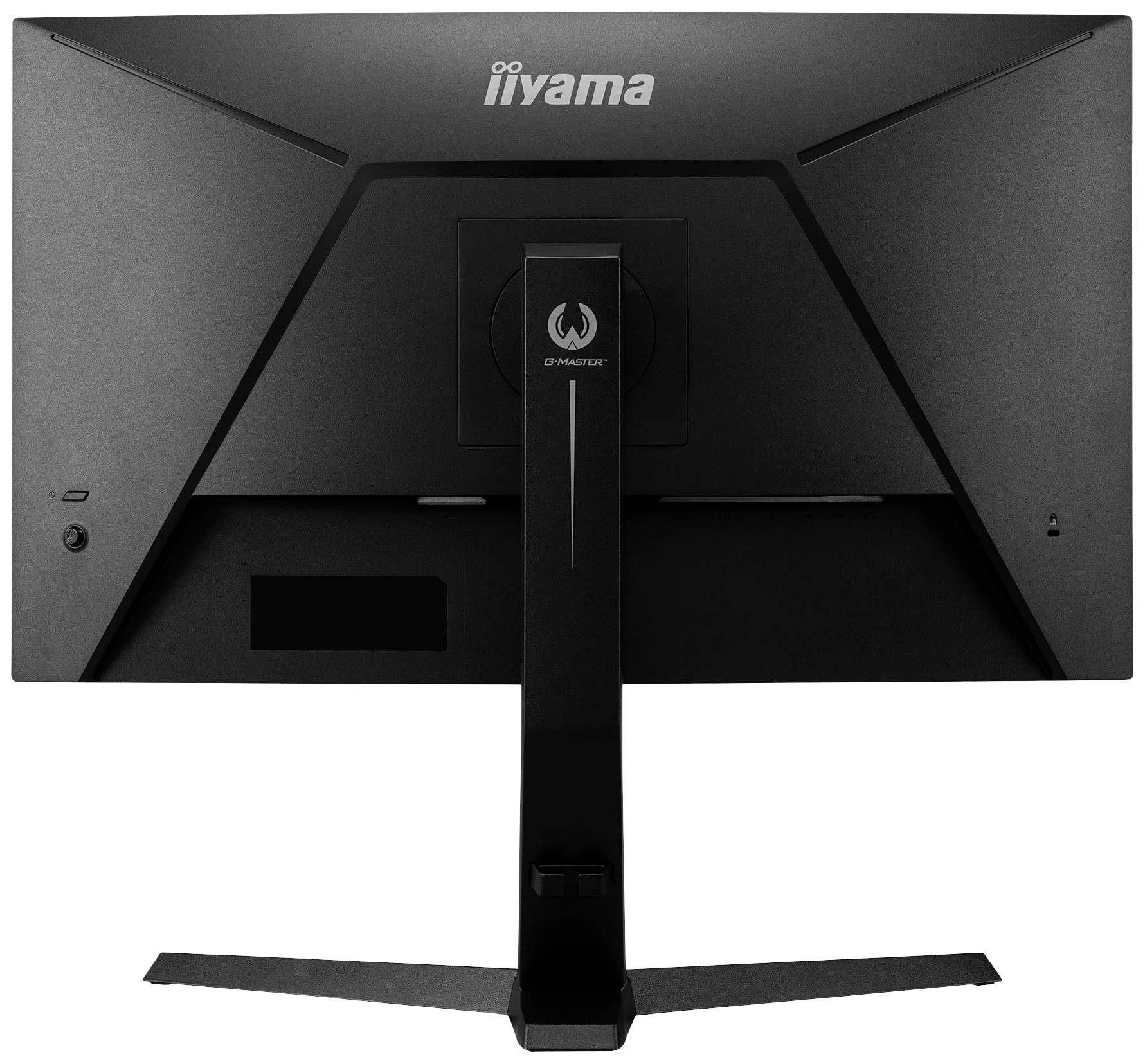 Ein schwarzer Computerbildschirm von hinten, zeigt das Modell von iiyama. Der Bildschirm hat einen rechteckigen Standfuß.