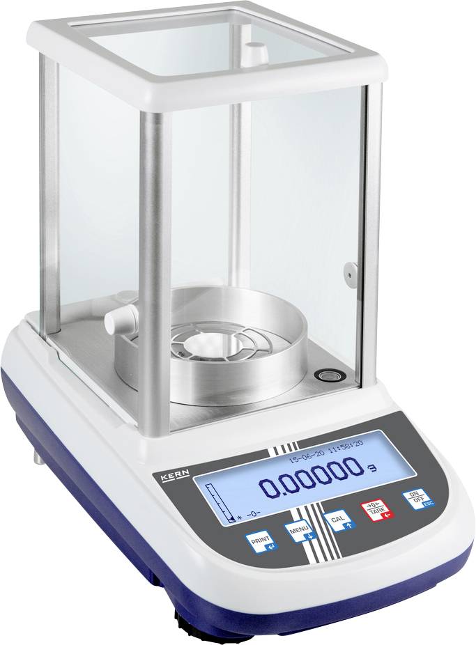 Präzisionswaage mit digitalem Display, zeigt '0,00000 g' an. Geschlossenes Gehäuse aus Glas. Verwendet für genaue Gewichtsmessungen.