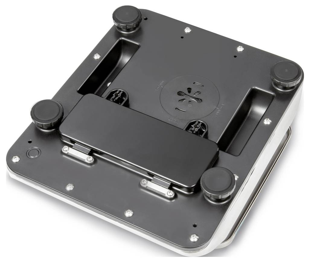 Schwarze, quadratische Basis eines elektronischen Geräts mit vier Rollen an den Ecken, wahrscheinlich Teil eines Roboters oder Reinigungsgeräts.