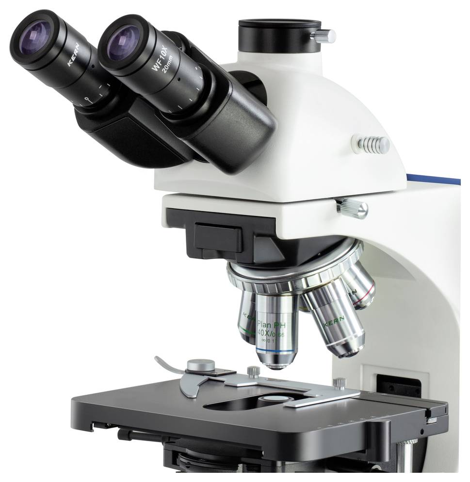 Mikroskop mit zwei Okularen und vier Objektivlinsen, benutzt für wissenschaftliche Untersuchungen.