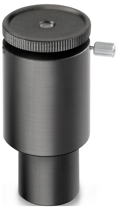 Schwarze Metallschraube mit gerändeltem Kopf und seitlicher Feststellschraube, möglicherweise Teil eines mechanischen Geräts.