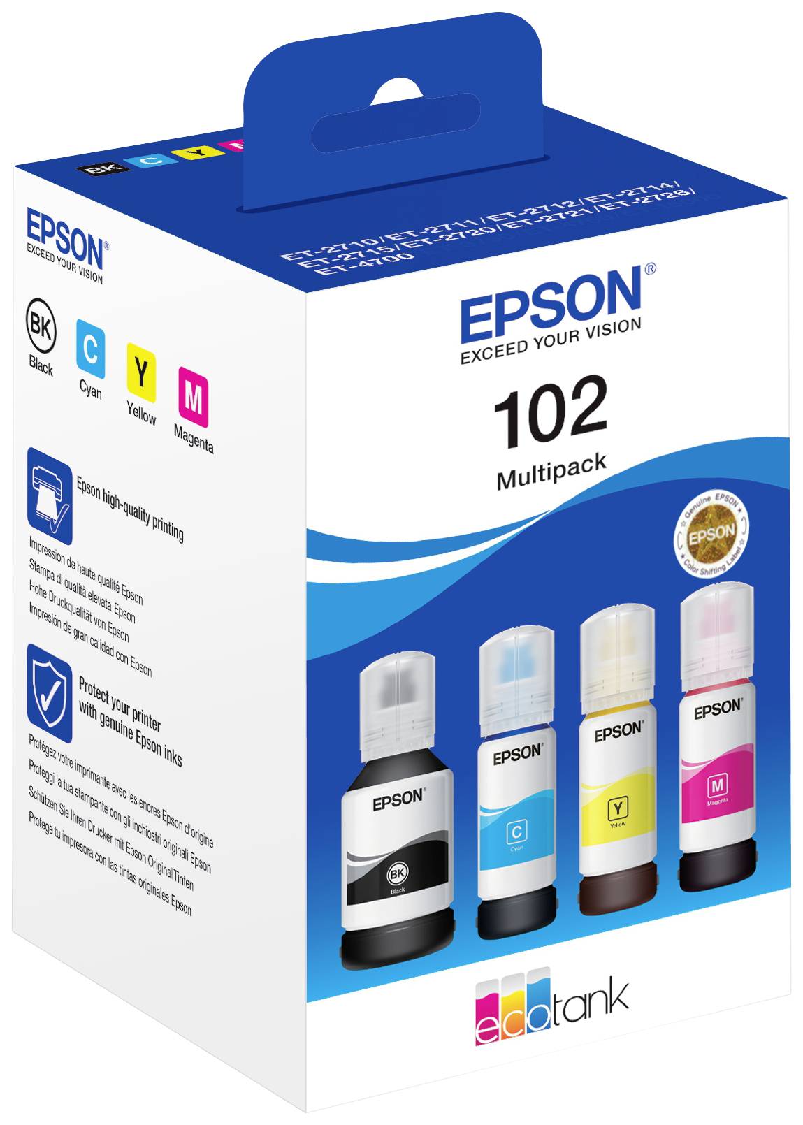 Eine Epson 102 Multicolor-Tintenflasche-Verpackung mit vier Flaschen: Schwarz, Cyan, Magenta und Gelb, für EcoTank-Drucker.