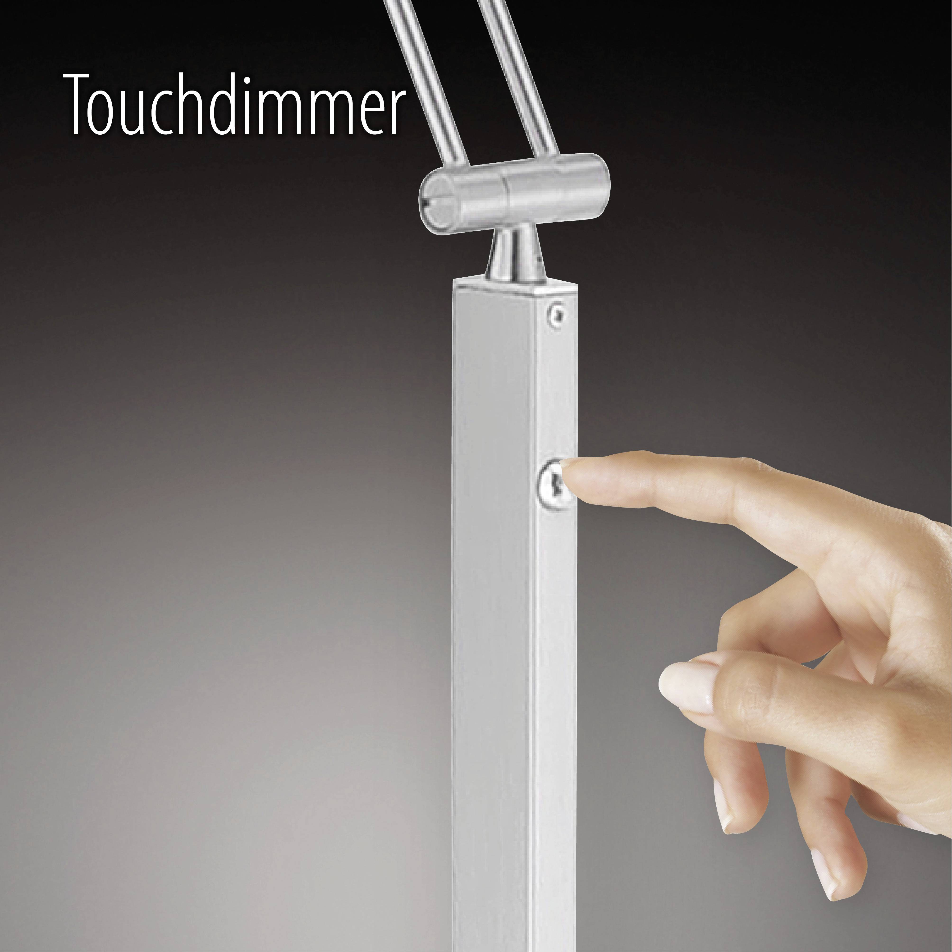Ein Finger berührt den Schalter eines Touchdimmers an einer Lampe. Der Text 'Touchdimmer' steht oben im Bild.