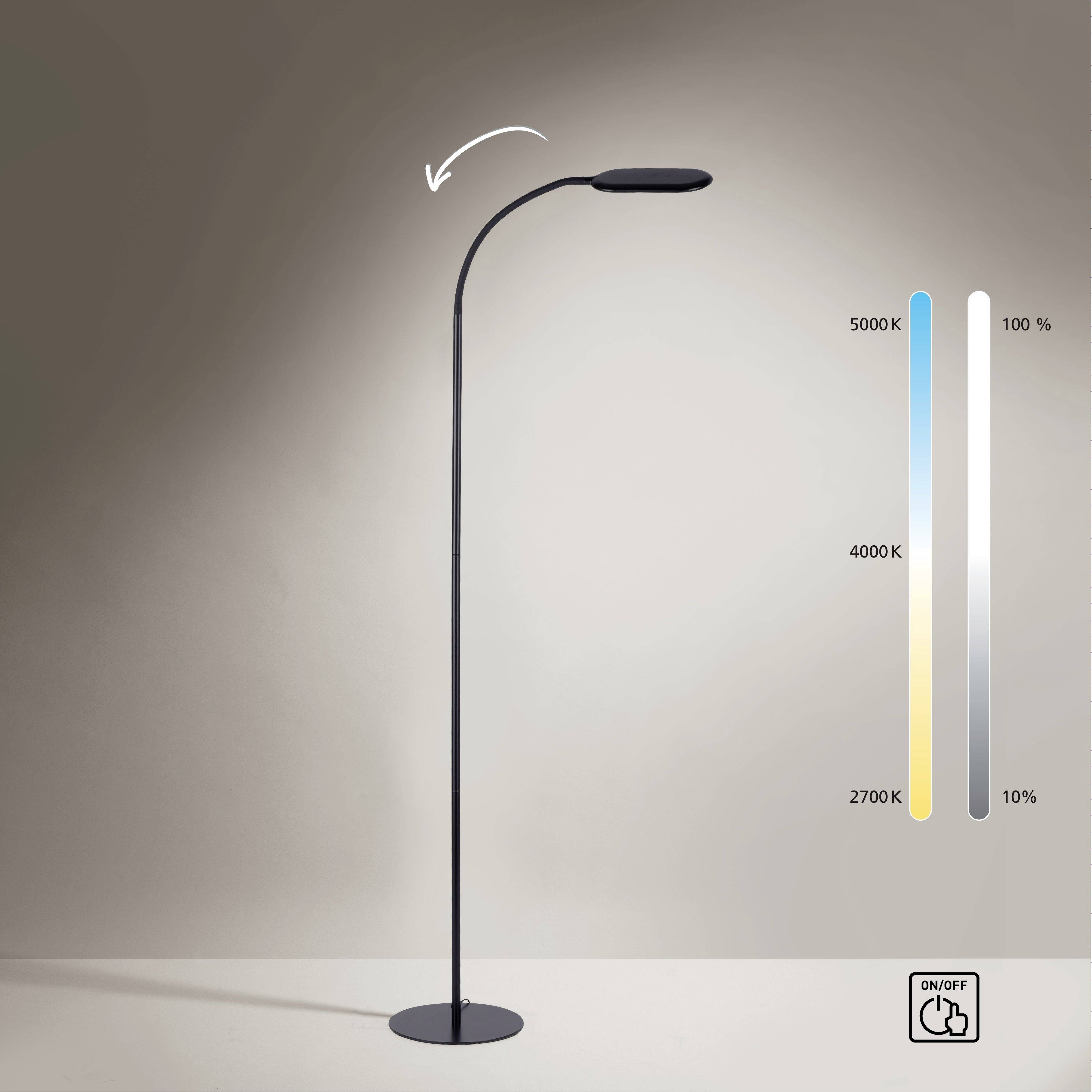 Stehlampe mit gebogenem Design. Farbtemperatur von 2700K bis 5000K, dimmbar von 10% bis 100%. Einschaltknopf unten rechts.