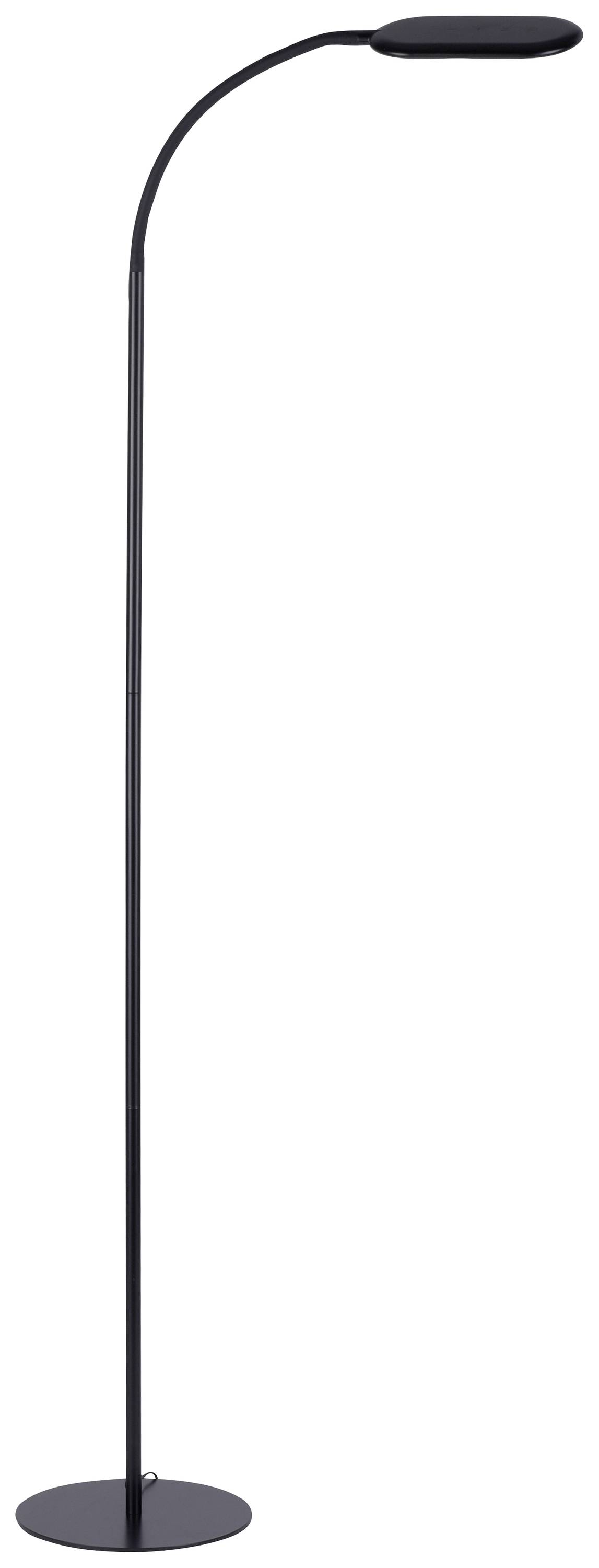 Stehlampe mit gebogenem, schlankem schwarzen Design und rundem Sockel.