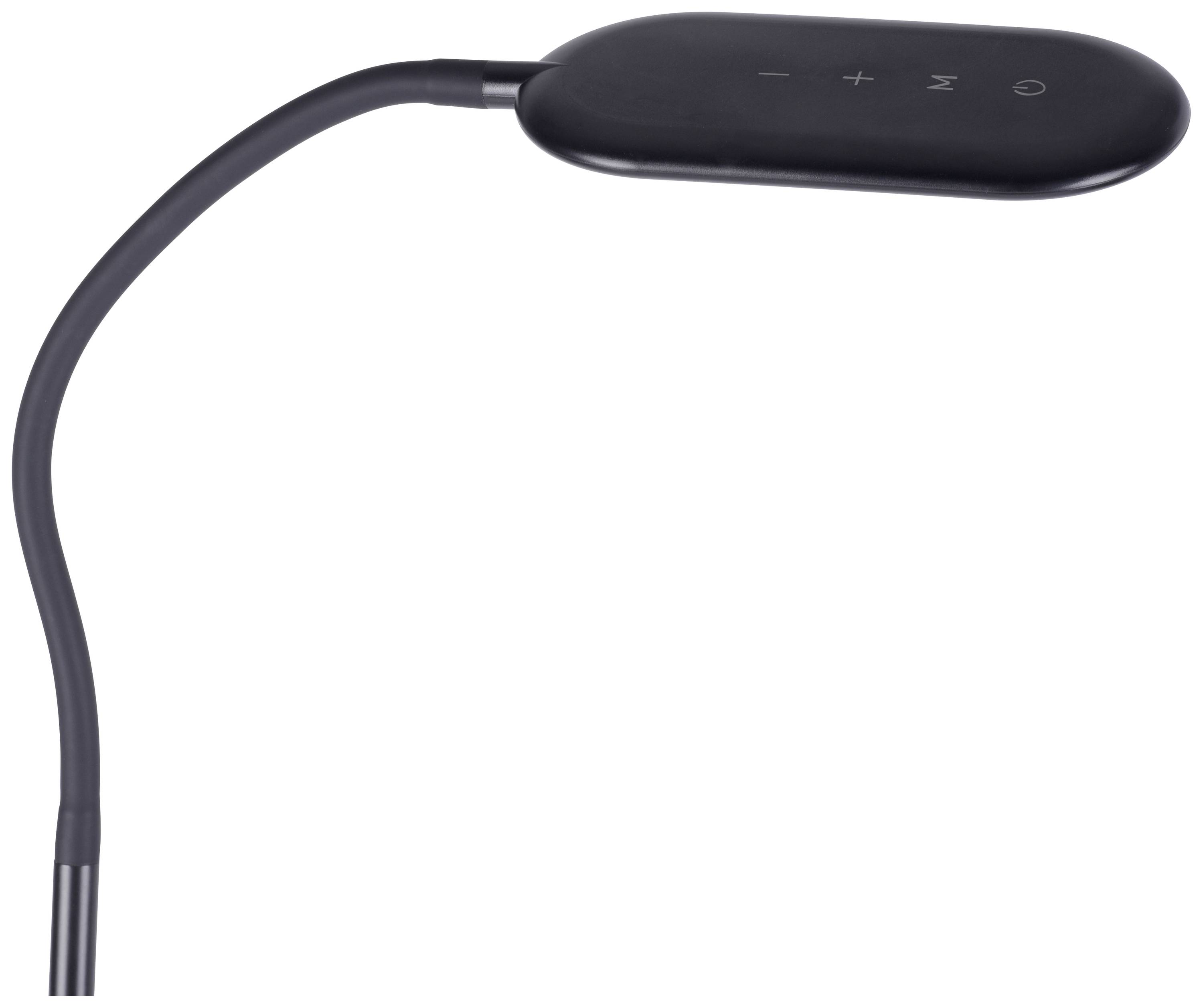 Flexible, schwarze LED-Leselampe mit Berührungssensoren für Helligkeitseinstellung und Ein/Aus-Schalter am Kopf.
