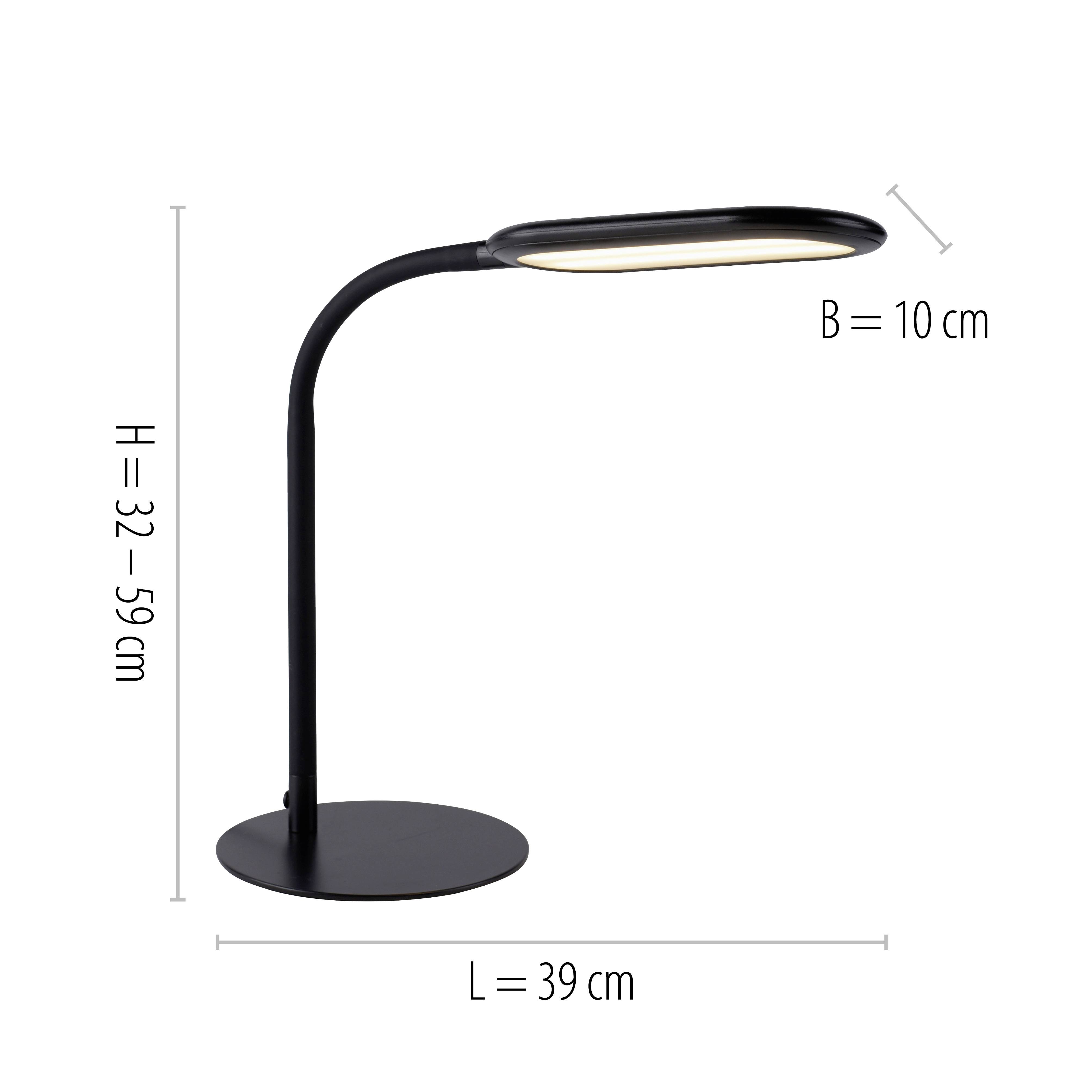 Schwarze Tischlampe mit verstellbarem Hals (H: 32-59 cm), ovalem Lampenschirm (B: 10 cm) und runder Basis (L: 39 cm).
