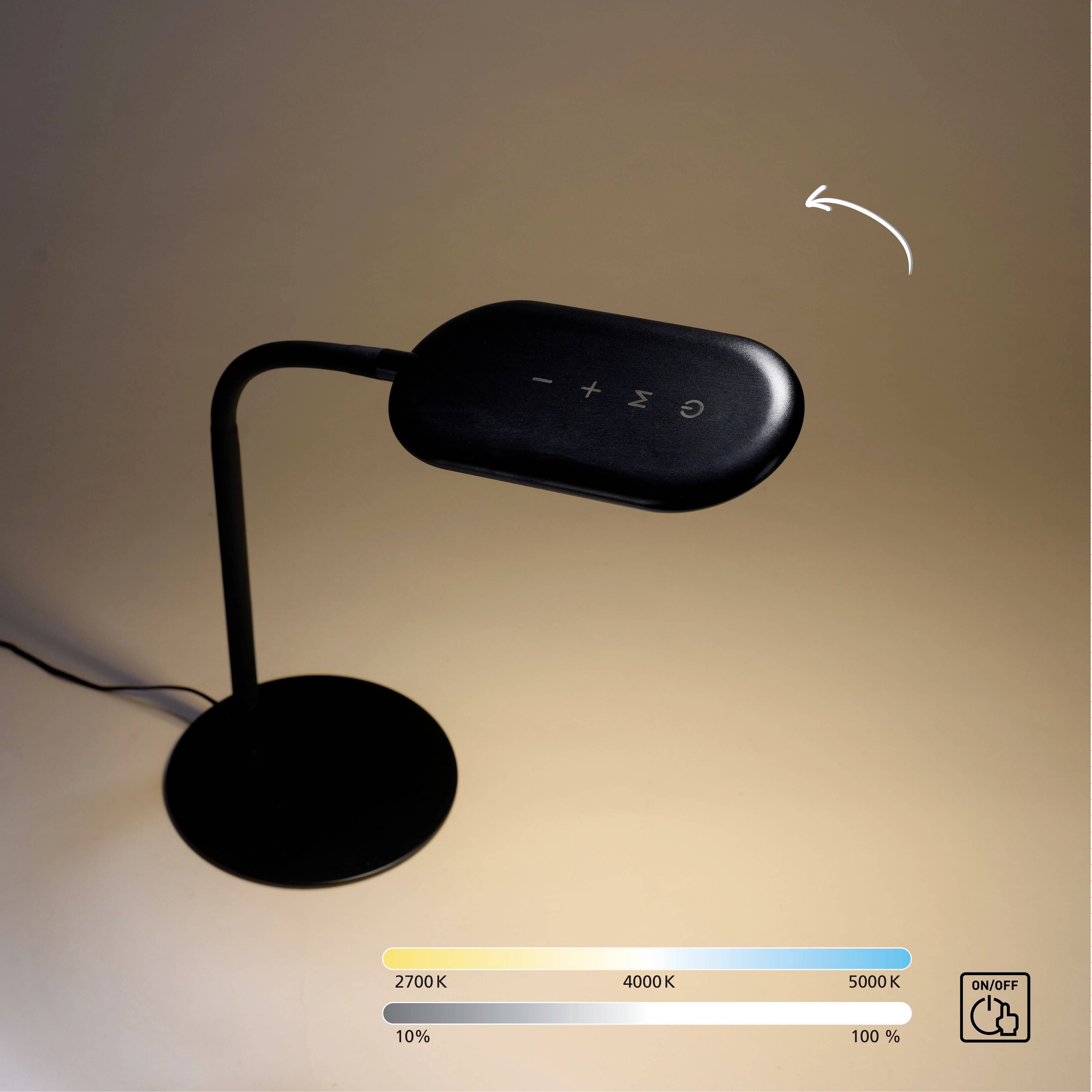 Eine schwarze Tischlampe mit einstellbarer Helligkeit und Farbtemperatur. Temperaturbereich: 2700K bis 5000K. Regelknöpfe oben.