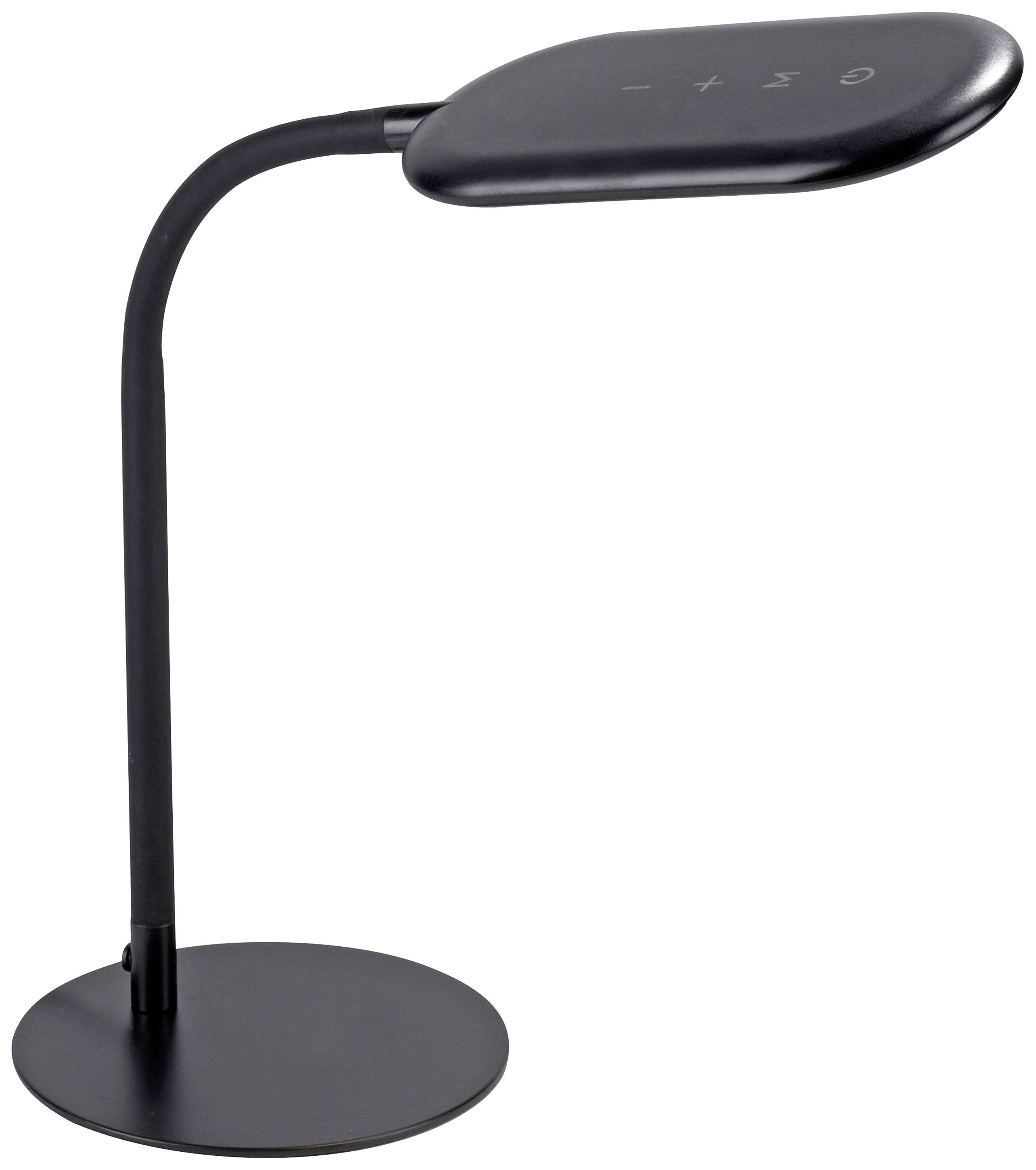 Eine schwarze, moderne Tischlampe mit gebogenem Hals und rechteckigem Lampenschirm.