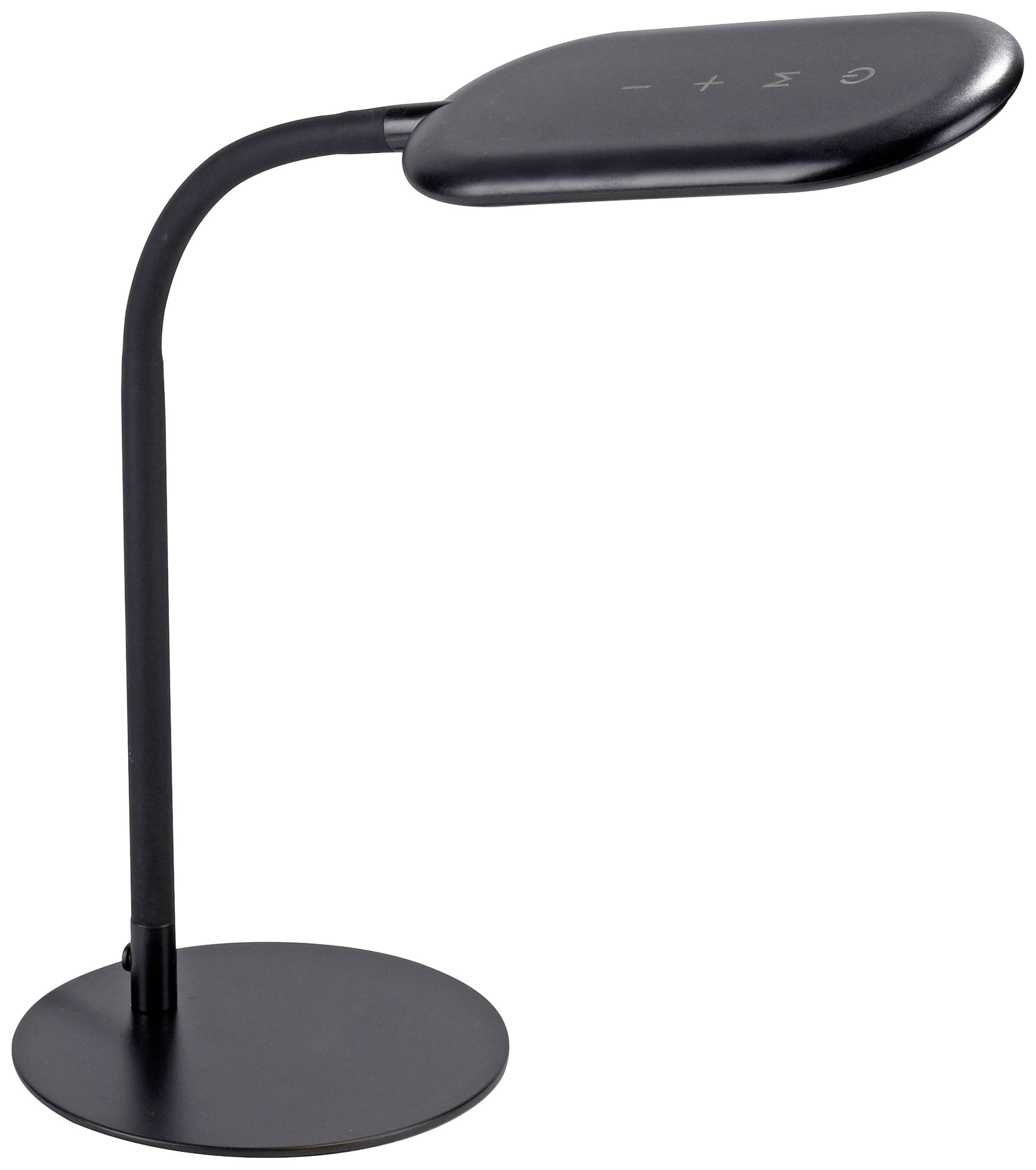 Eine elegante, schwarze Tischlampe mit flexiblem Hals und ovalem Lampenschirm. Ideal für Schreibtischbeleuchtung.