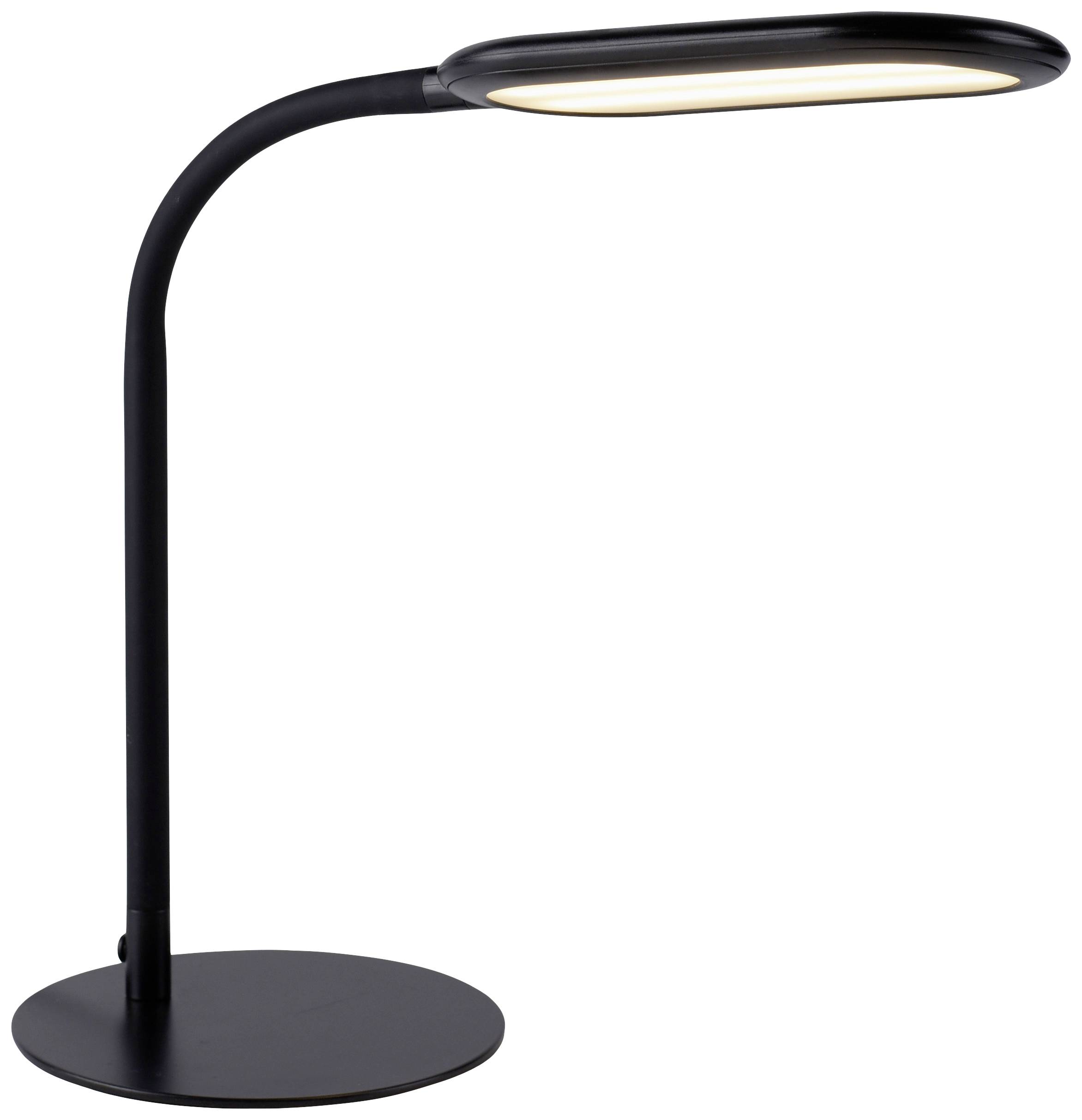 Eine moderne, schwarze Schreibtischlampe mit einem gebogenen Arm und einem ovalen Leuchtkopf.