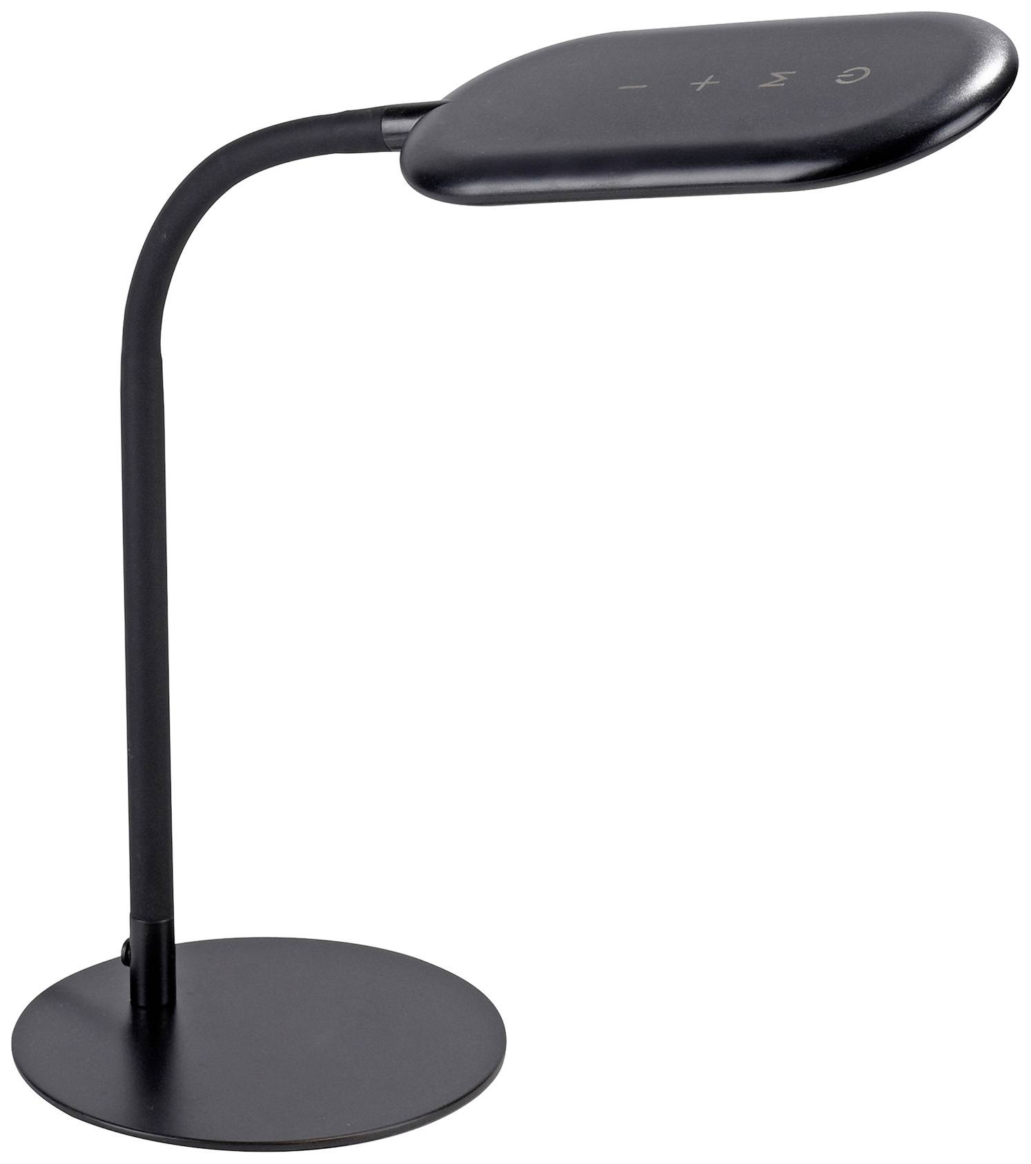 Moderne schwarze Schreibtischlampe mit biegsamem Hals und flachem, rechteckigem Leuchtkopf. Ideal für Arbeits- oder Lesetische.