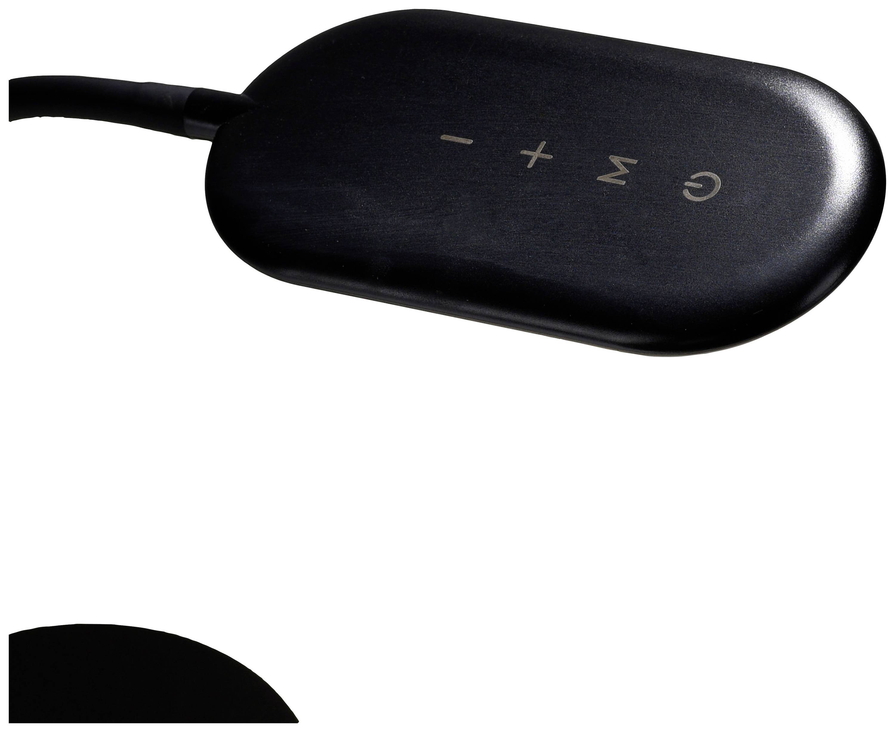 Ein schwarzes Ladegerät mit einem Kabel zeigt Symbole für 'Minus', 'Blitz' und 'Ladestecker', die seine Funktionen darstellen.