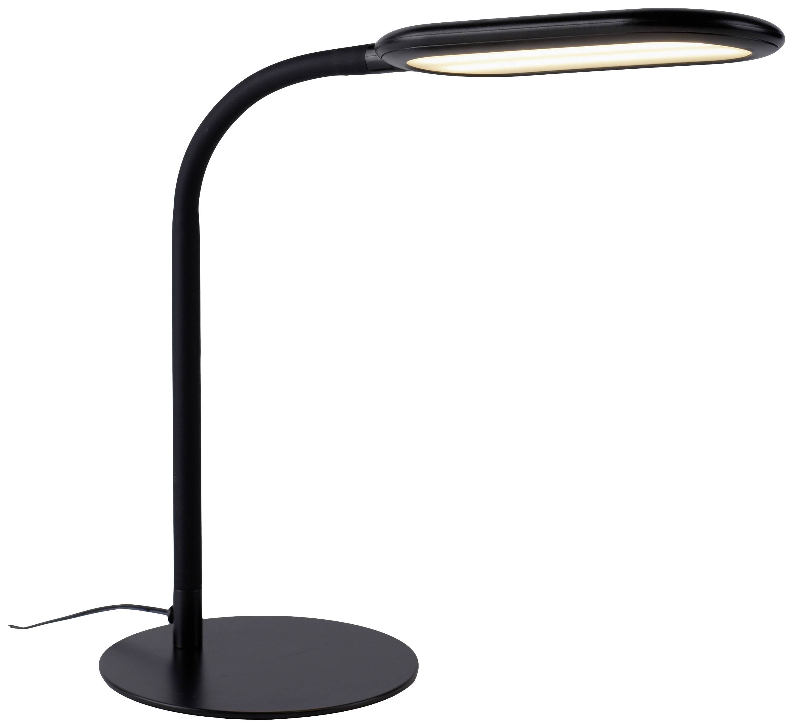 Schwarze Tischlampe mit gebogenem Hals und rechteckigem Leuchtkopf, die auf einer flachen runden Basis steht.