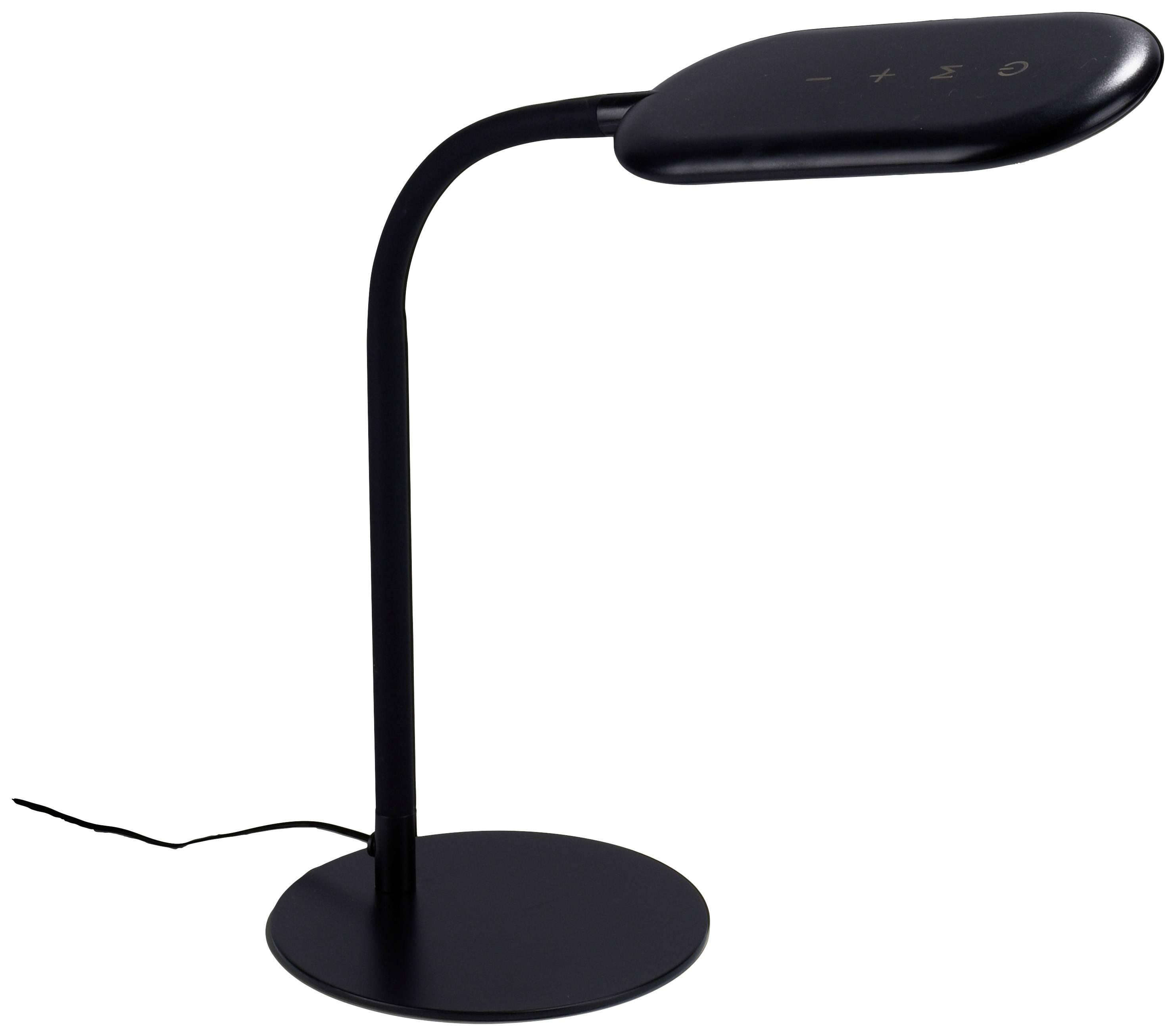 Eine schwarz gebogene LED-Schreibtischlampe mit verstellbarem Kopf, berührungsempfindlichen Bedienelementen, geeignet für modernes Bürodesign.