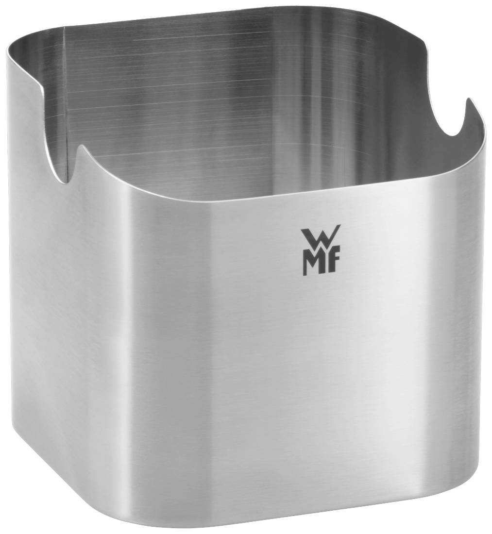 Metalleimer aus Edelstahl mit gebogenem Rand und 'WMF'-Logo. Geeignet für Küche oder Tischgebrauch.