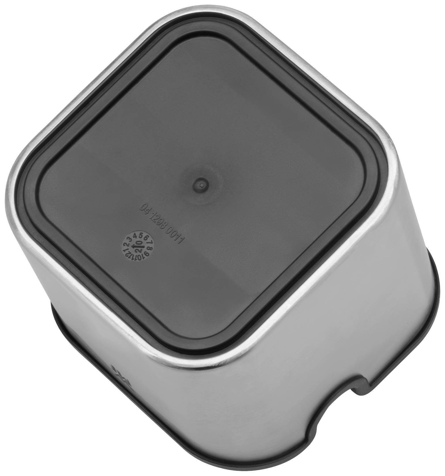 Metallbehälter mit schwarzem Deckel, quadratische Form, leicht abgeschrägt, Hauptzweck: Aufbewahrung von Utensilien oder Lebensmitteln.