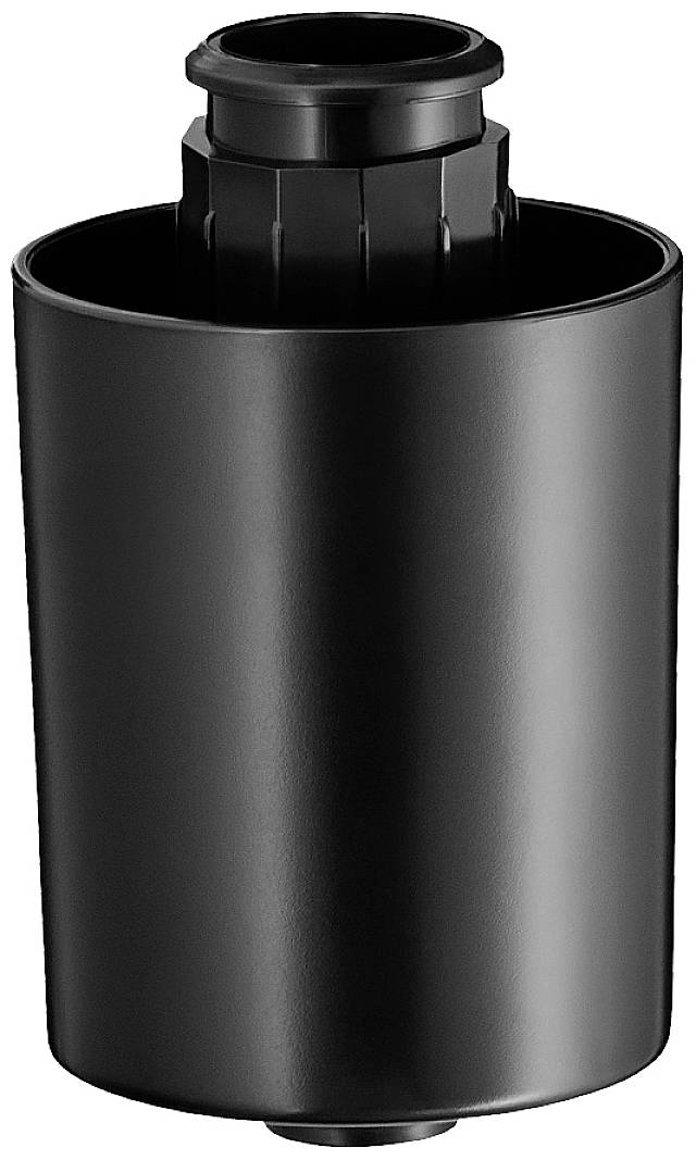 Schwarzer zylindrischer Filter mit strukturiertem Oberteil.