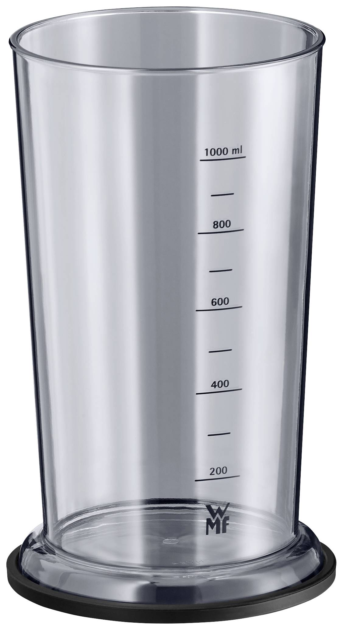 Ein transparenter Messbecher mit schwarzem Rand, skaliert von 200 ml bis 1000 ml in 200 ml Schritten. WMF-Logo unten.