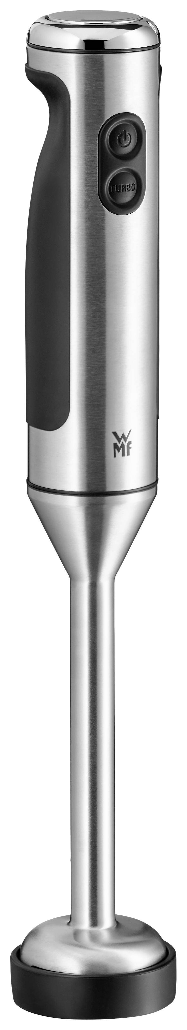 Ein silberner Stabmixer mit schwarzem Griff und zwei Bedienknöpfen. Ideal für das Zerkleinern und Mischen von Zutaten in der Küche.