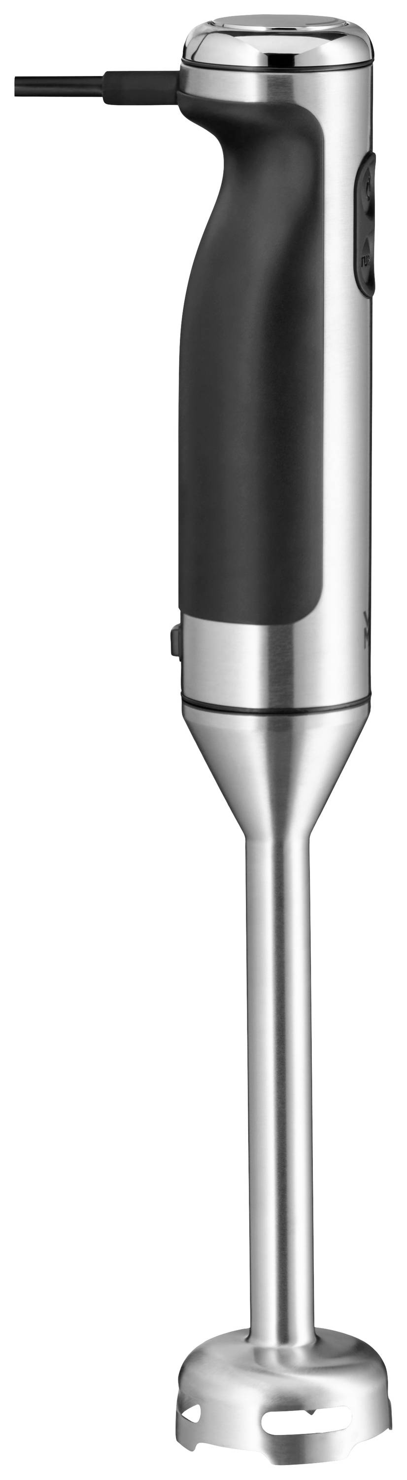 Silberner Stabmixer mit schwarzem Griff und Anschlusskabel, stehend.