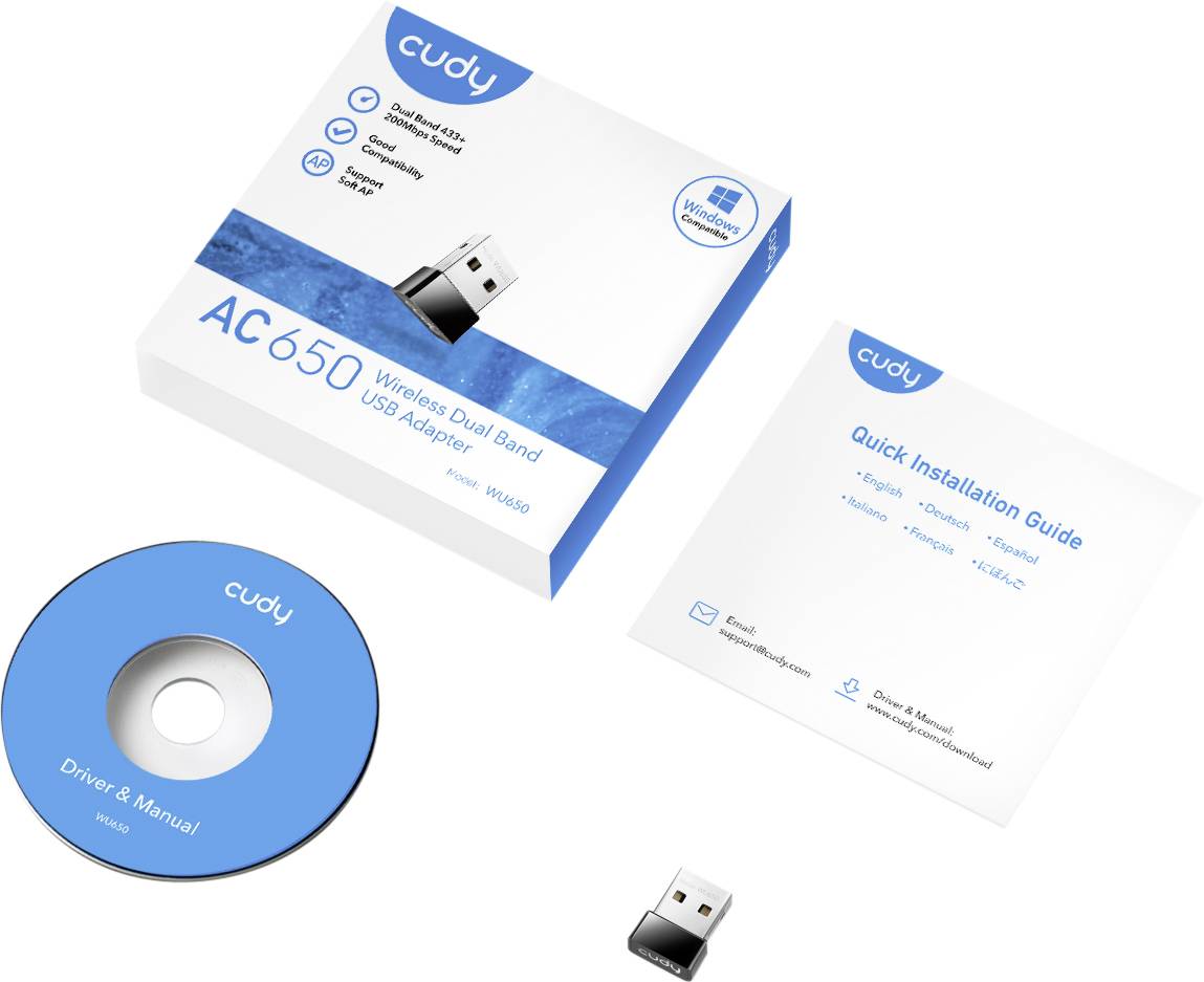 CUDY WU650, Kabellos, USB, WLAN, Wi-Fi 5 (802.11ac), 433 Mbit/s, Schwarz