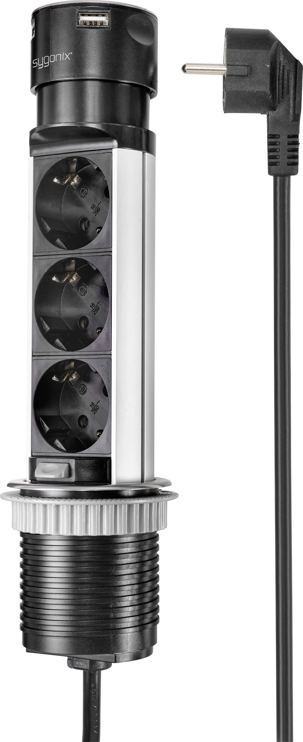 Ein versenkbarer Tischsteckdosenblock mit drei Steckplätzen und einem USB-Anschluss, verbunden mit einem Kabel und Stecker.