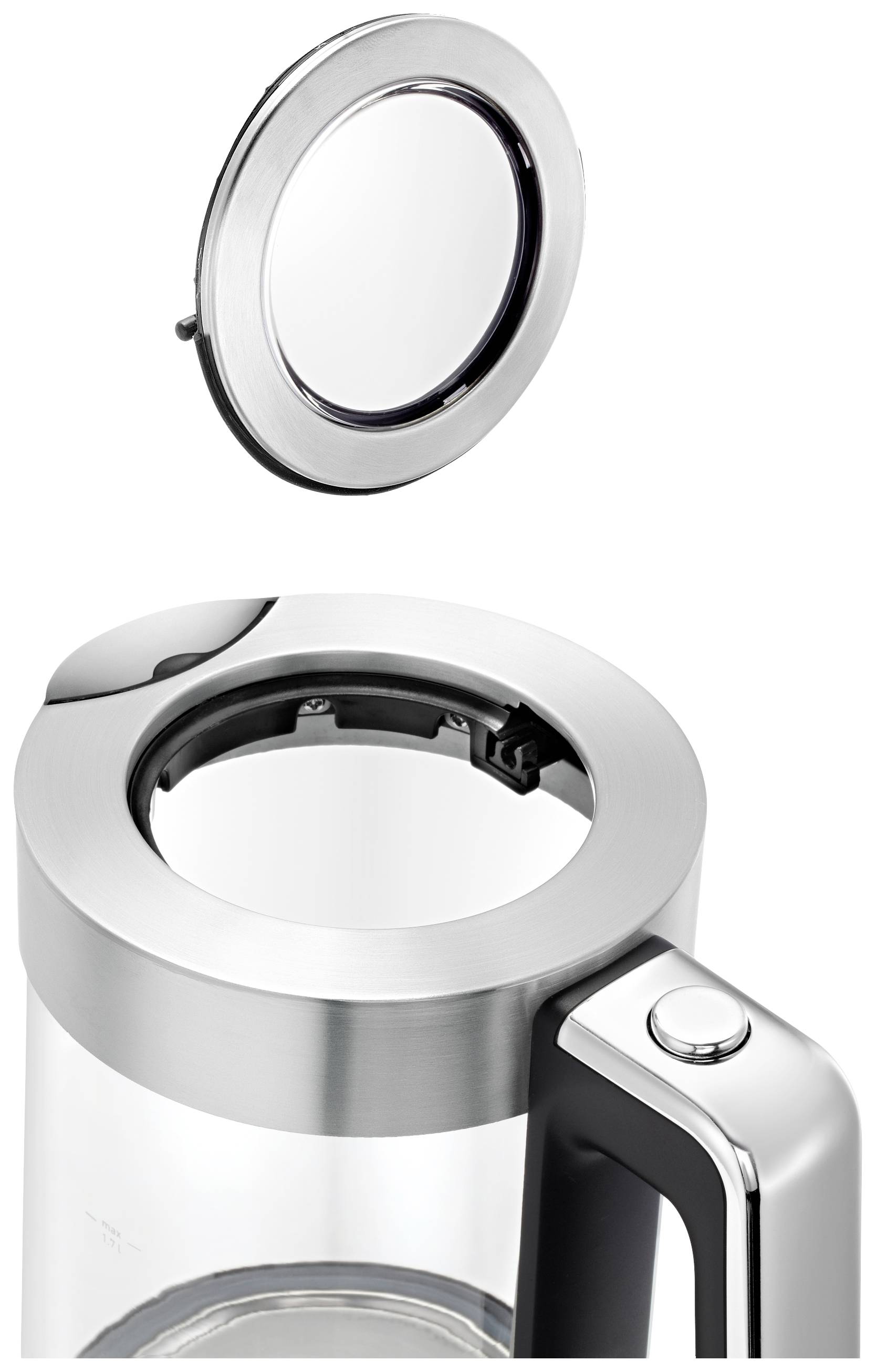 Wasserkocher mit abgenommenem Deckel, zeigt den offenen Glasbehälter und den abnehmbaren Deckel daneben.