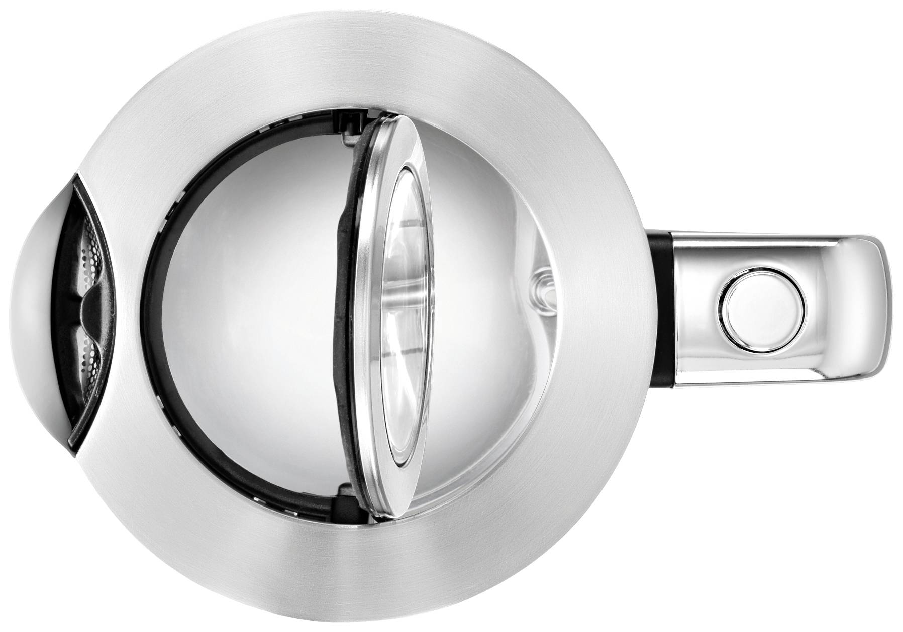 Top-Ansicht eines offenen, silbernen Wasserkochers mit Griff rechts. Deckel leicht geöffnet, zeigt inneren Wassertank.