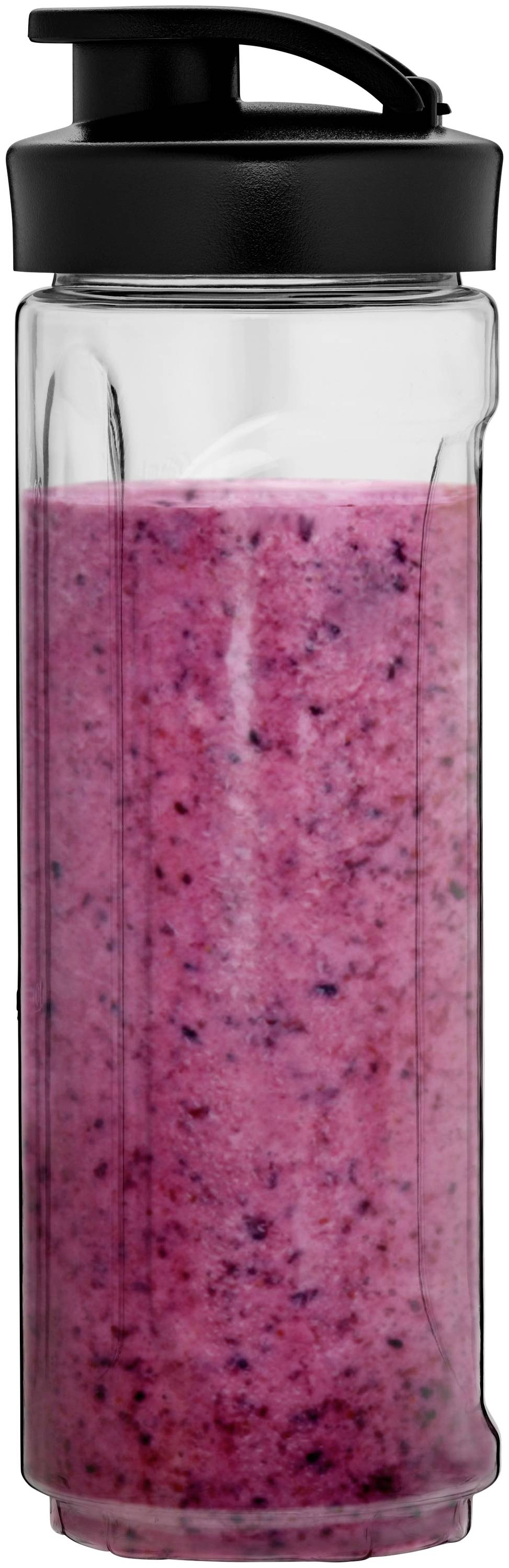 Durchsichtige Plastikflasche mit rosa Smoothie gefüllt; schwarzer Deckel.